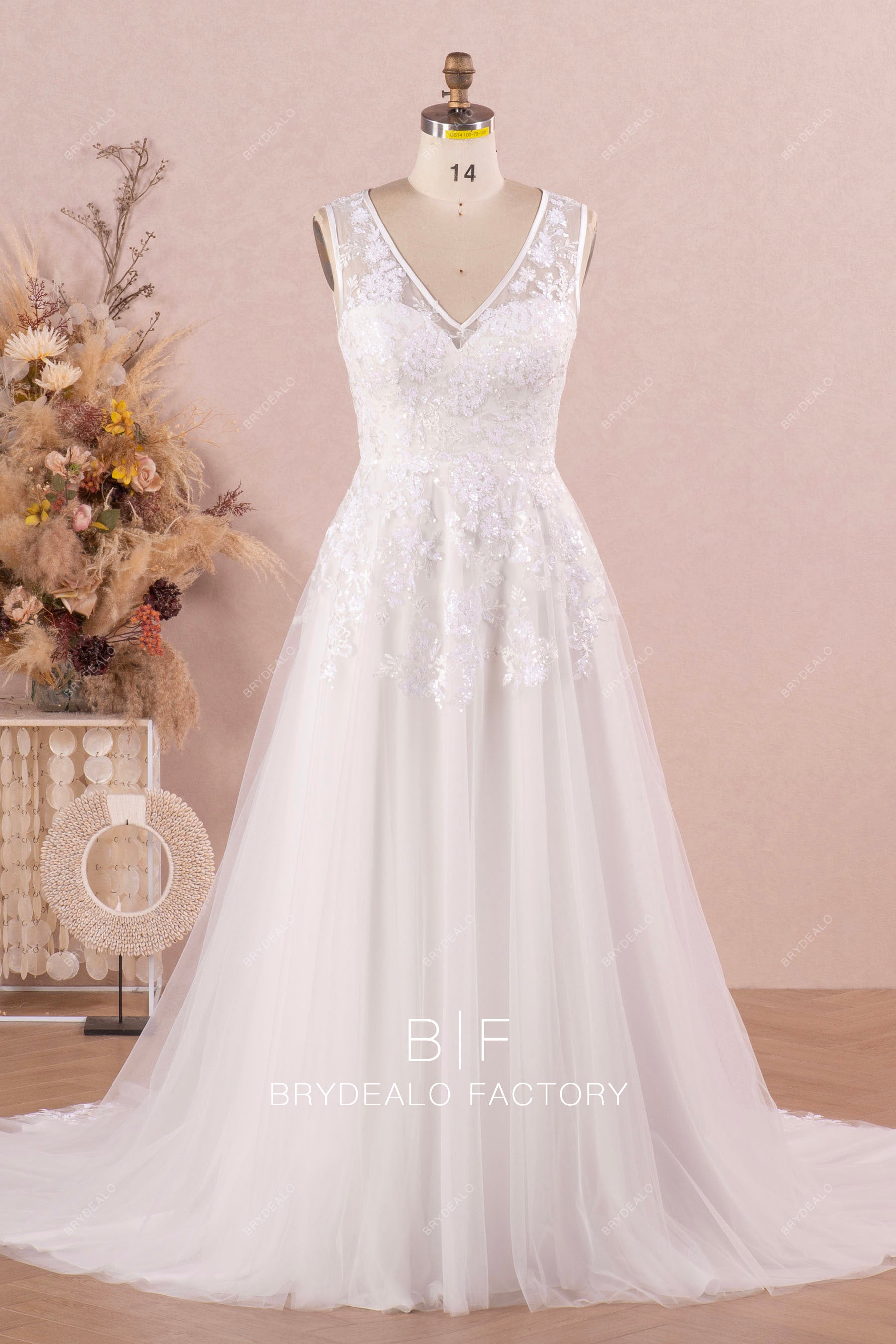 designer sparkly sequined lace A-line wedding dress