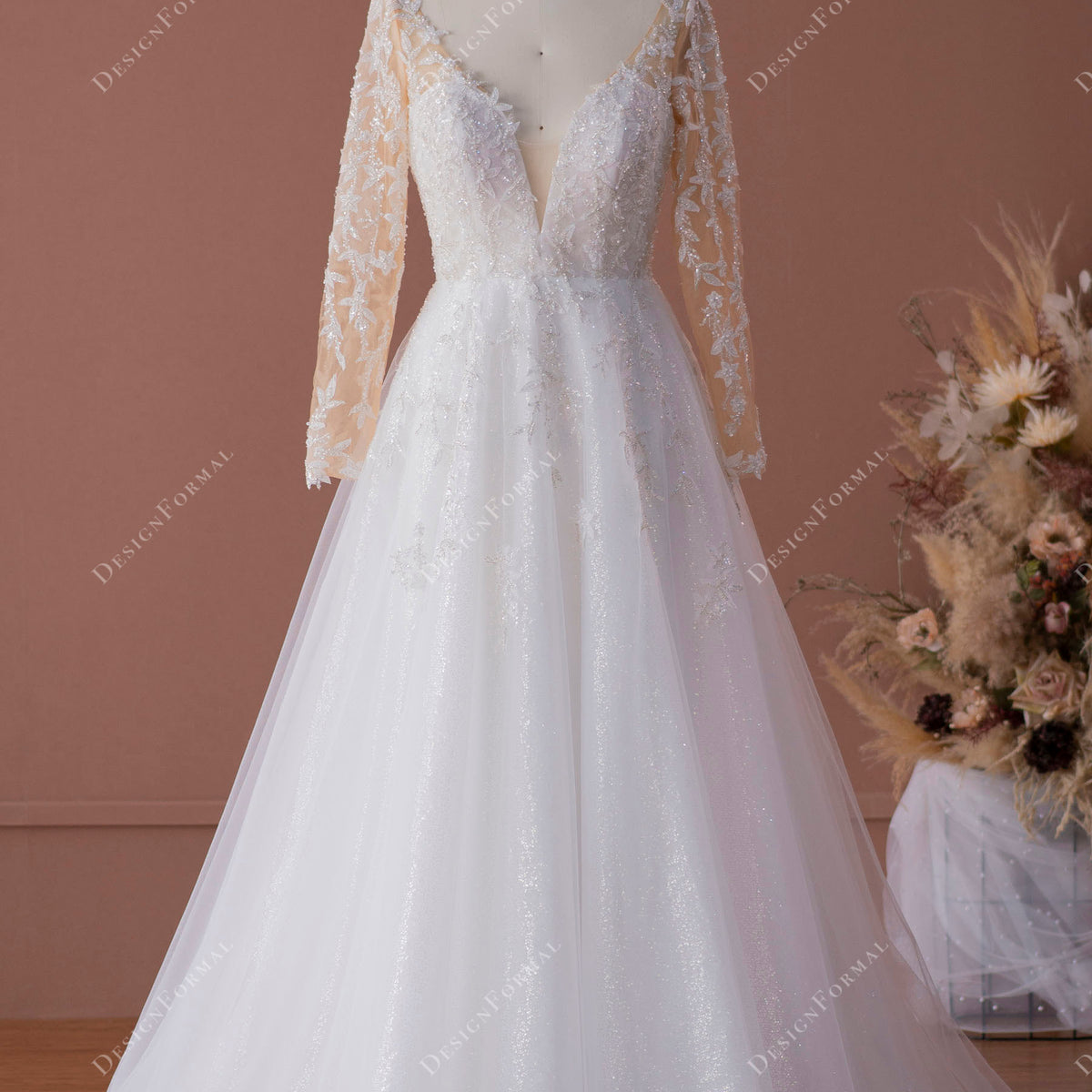 Leaf Lace Plunge Tulle Illusion Sleeved A-line Wedding Dress