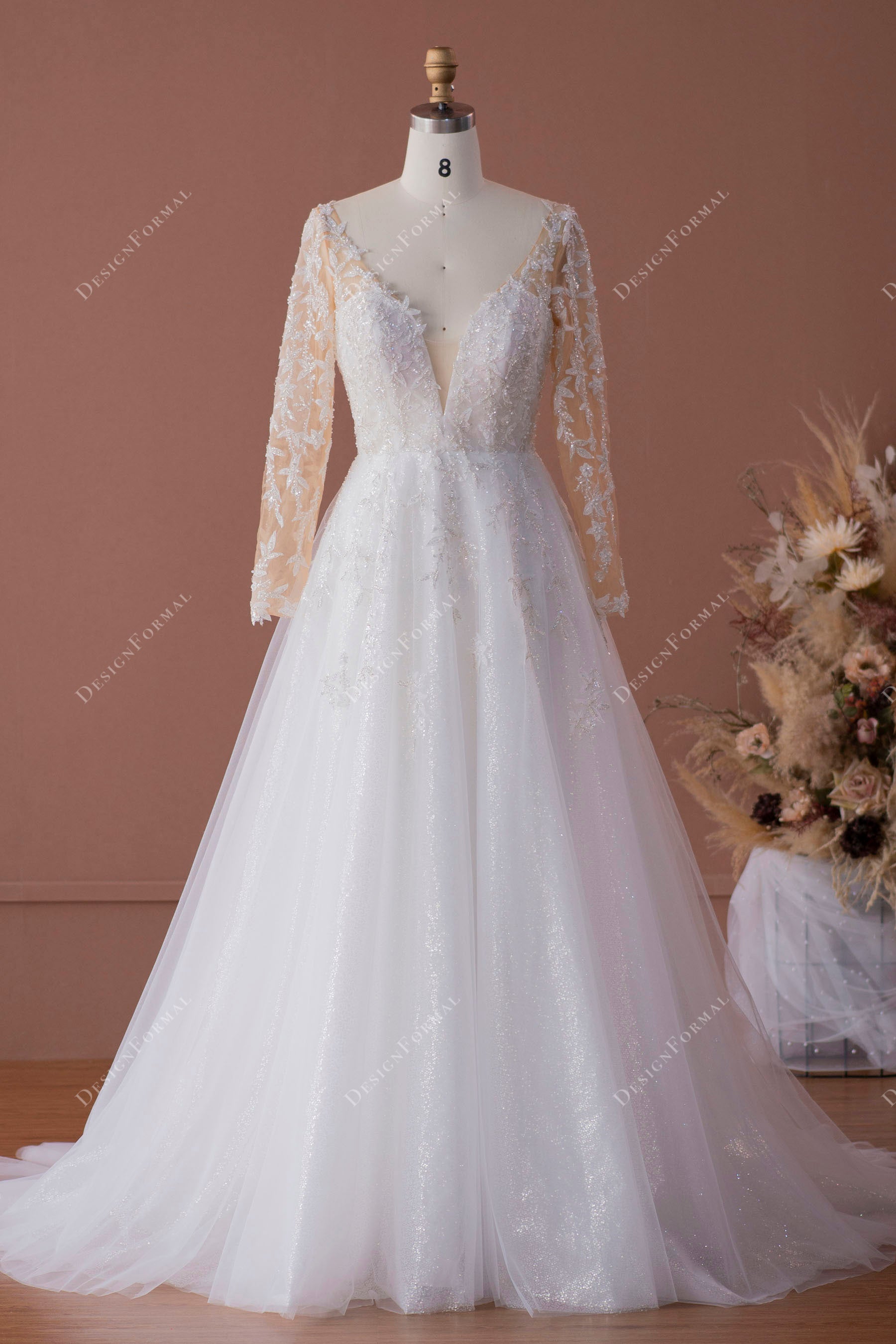 sparkly leaf lace plunging tulle illusion sleeved A-line wedding dress