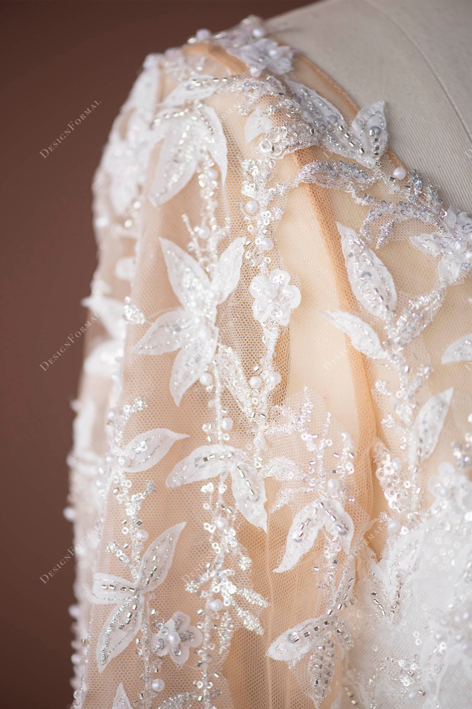 sparkly leaf lace appliqued illusion bridal gown