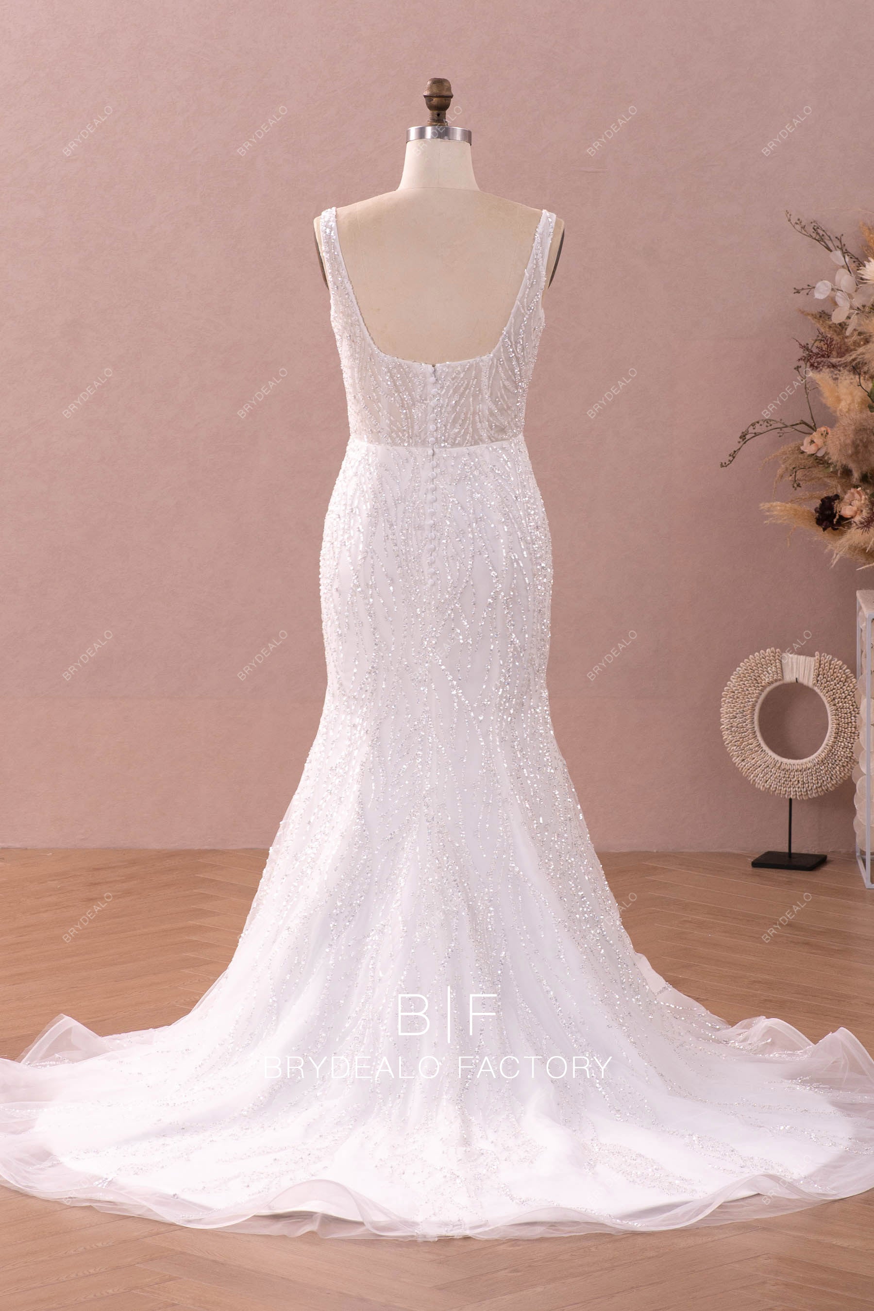 open back sparkly mermaid long ruffled wedding dress