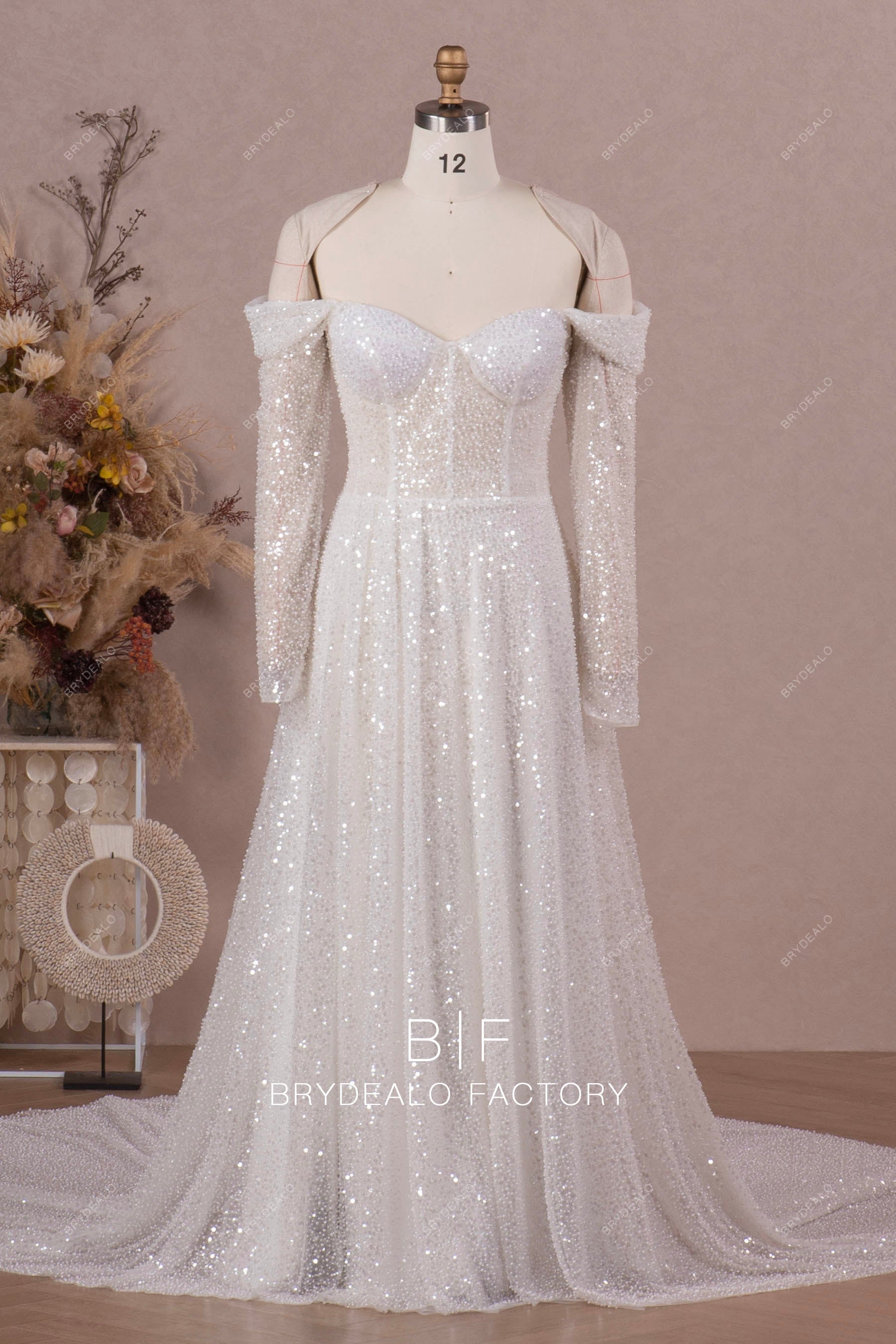 Sparkly Beading Sequins Off Shoulder Wedding Dress