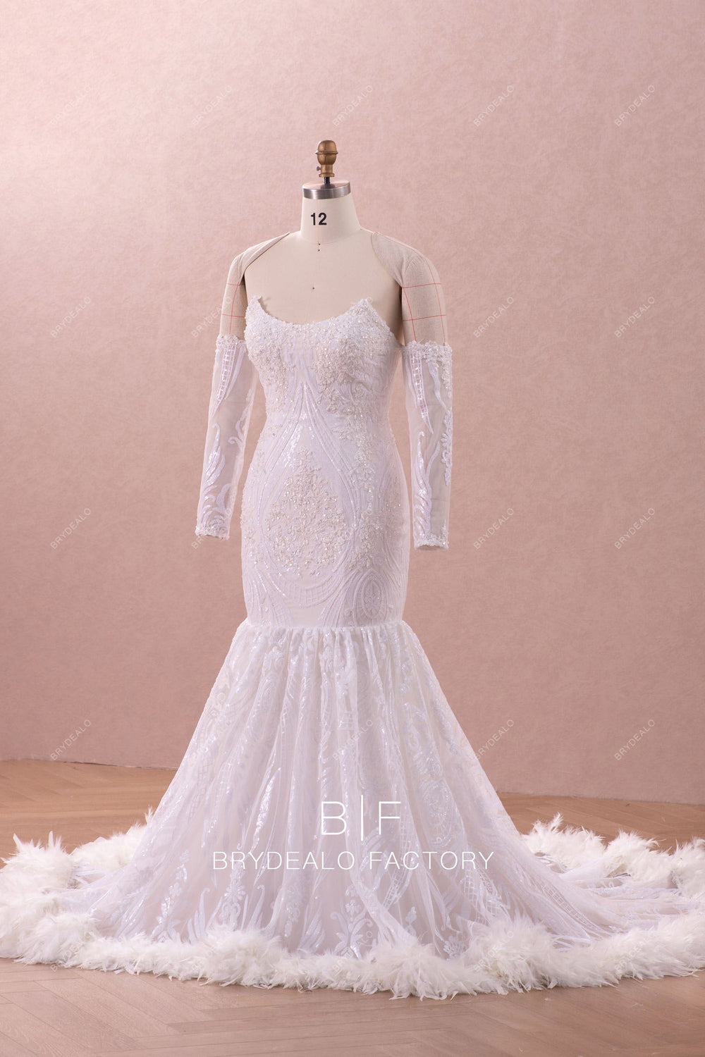Detachable Off Shoulder Sleeve Turkey Feather Mermaid Wedding Dress