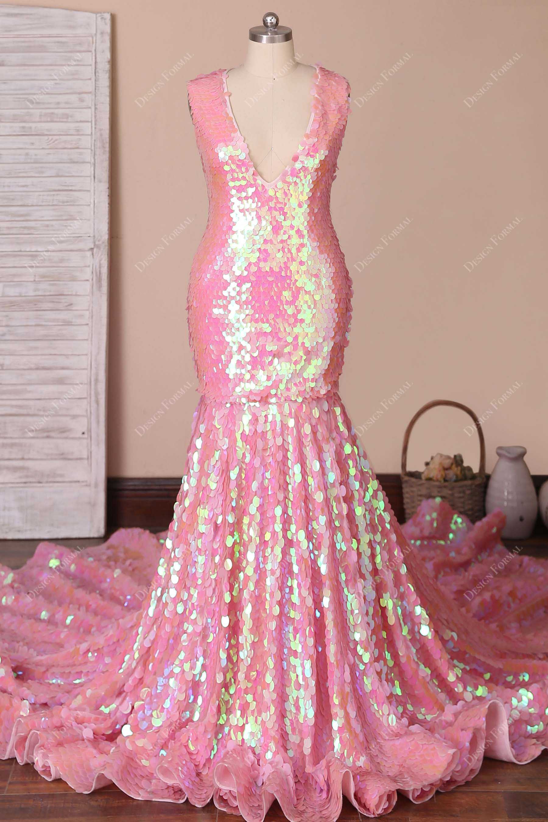 sparkly pink sequin plunging prom dress 