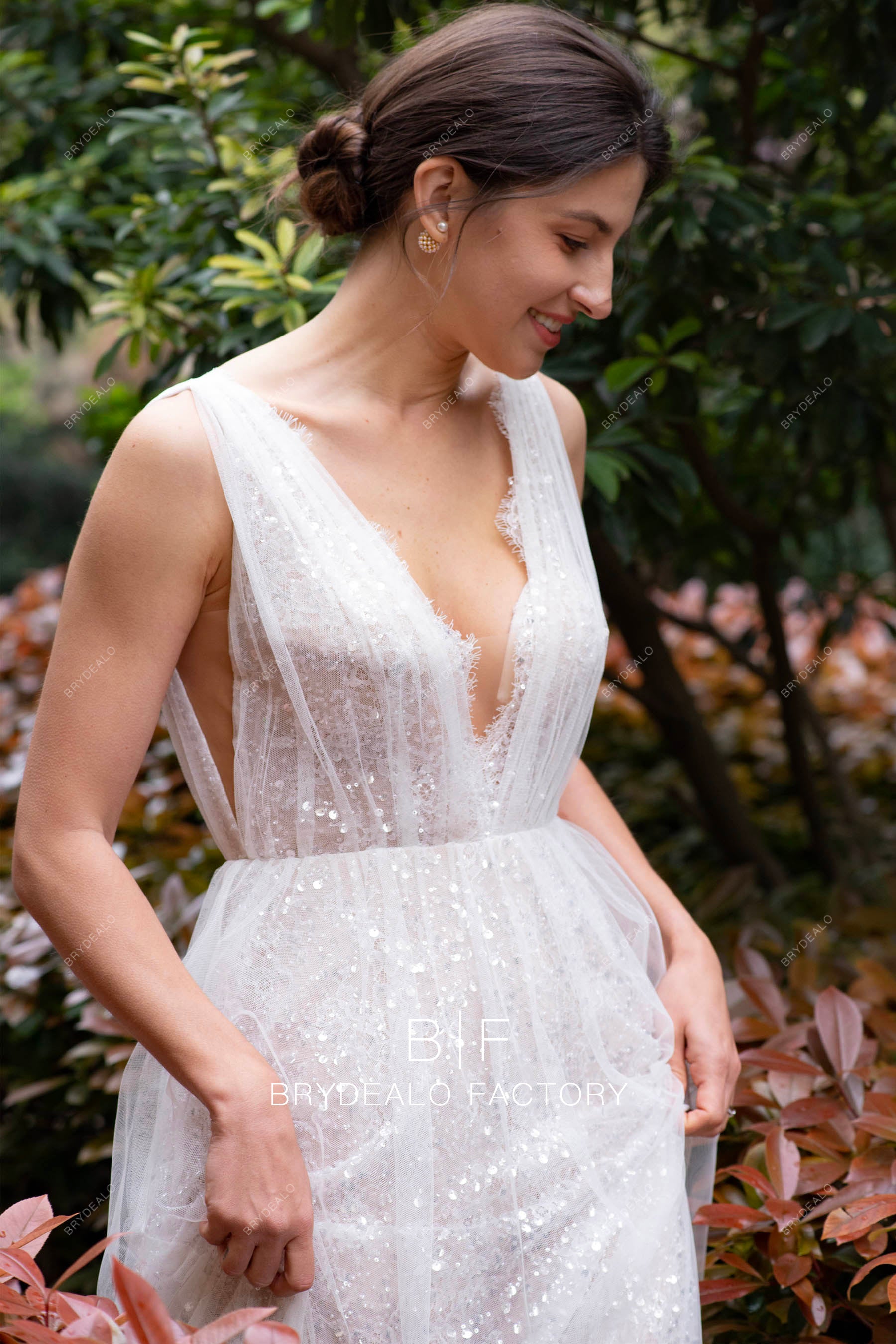 sparkly pleated deep V neckline wedding dress