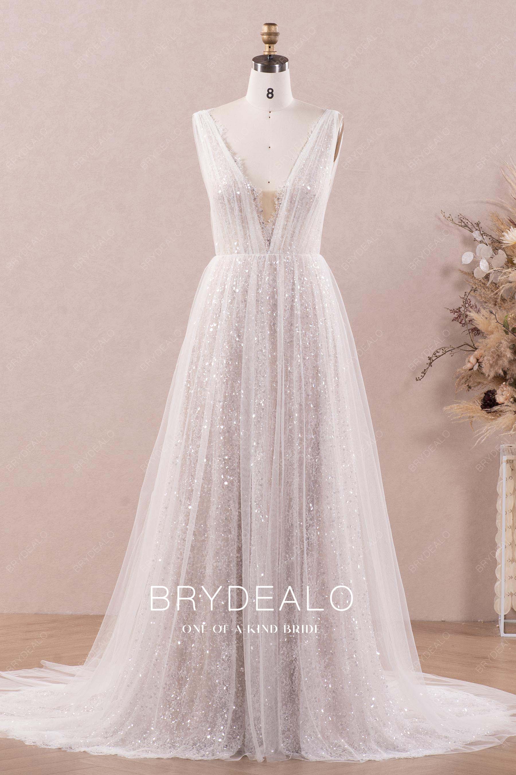 Sparkly  Plunging Designer Nude A-line Wedding Dress