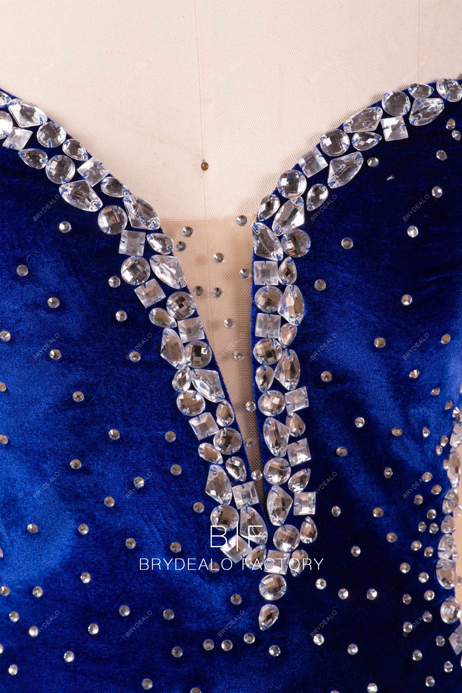 Royal Blue Velvet Sexy High Slit Plunging Rhinestone Cutout Prom Dress