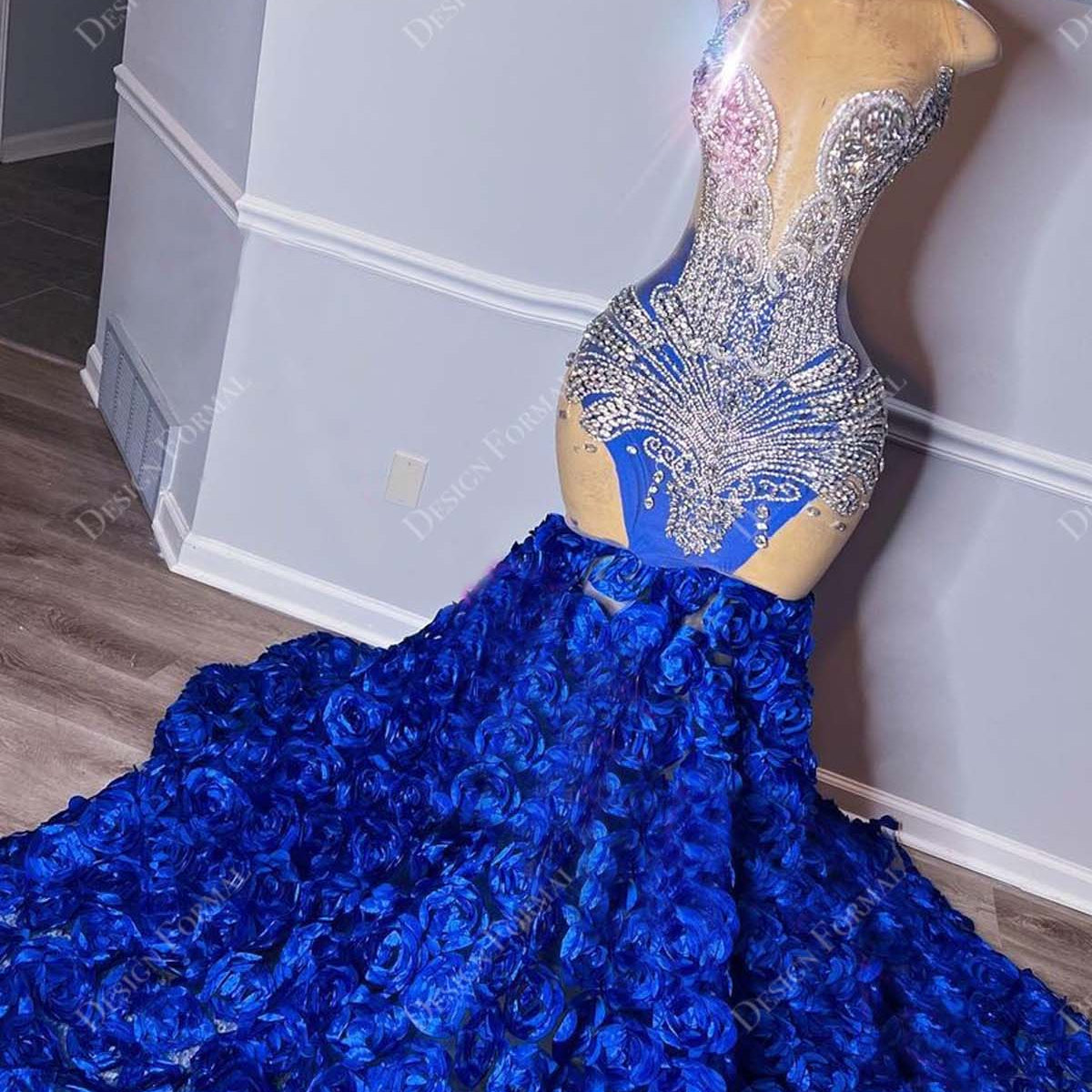 Rhinestone Plunge Royal Blue 3D Ross Handmade Mermaid Dress