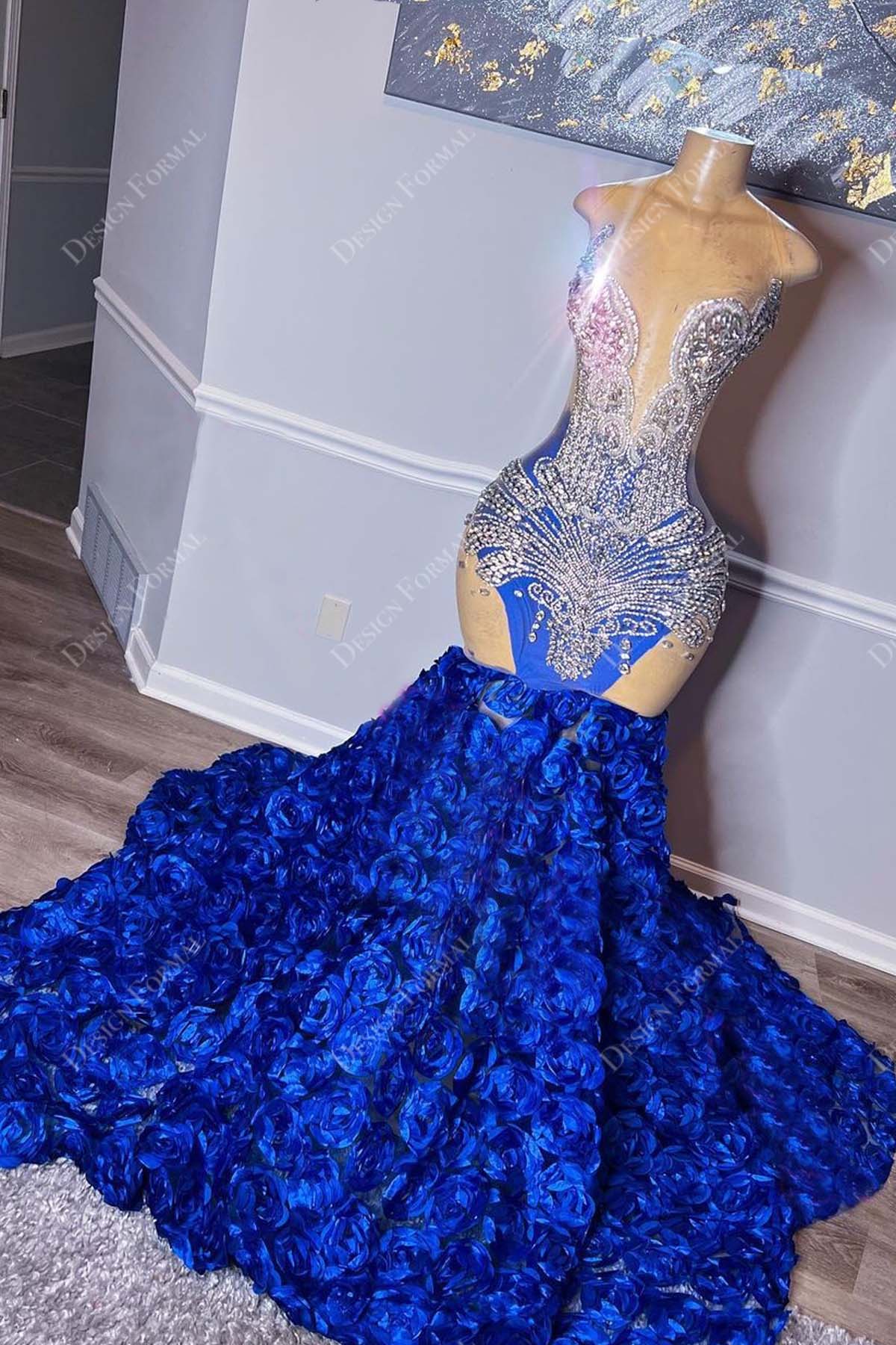 Sparkly Rhinestone Plunging Royal Blue 3D Roses Mermaid Prom Dress