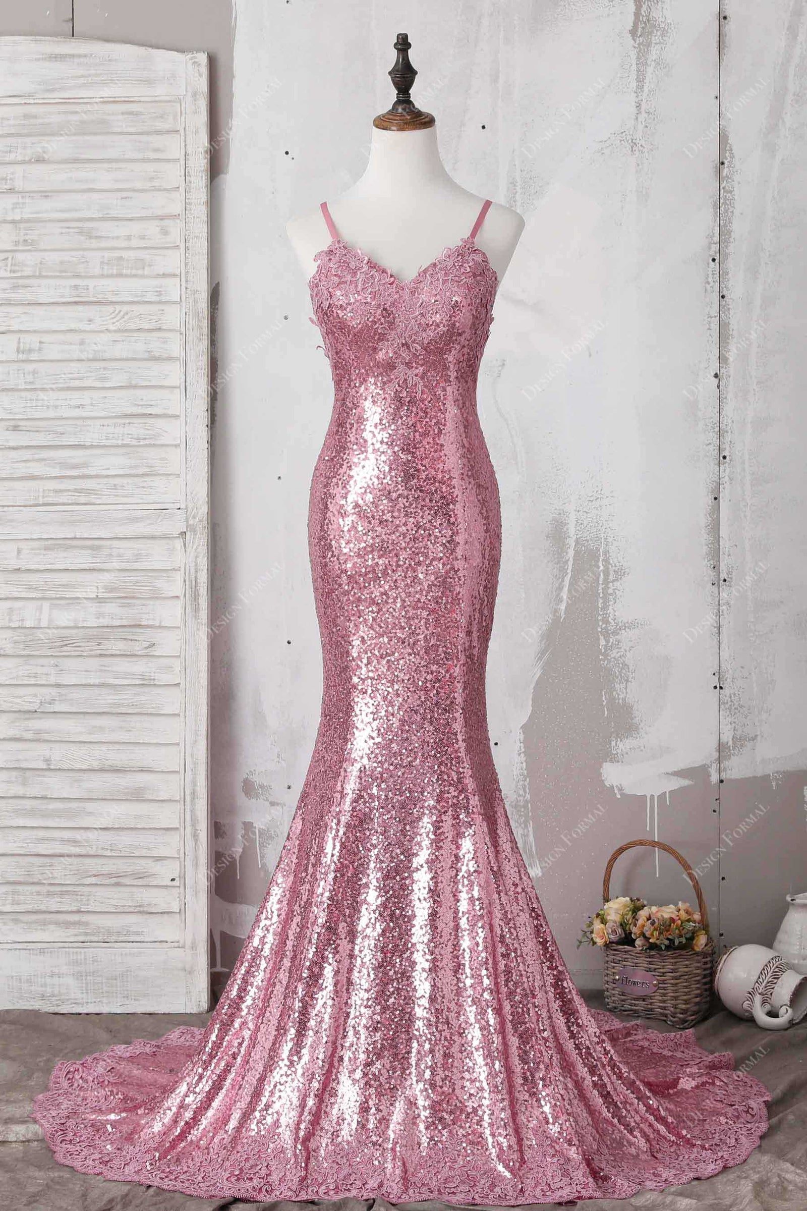 Pink Lace Sparkly Sequin Mermaid Elegant Prom Dress