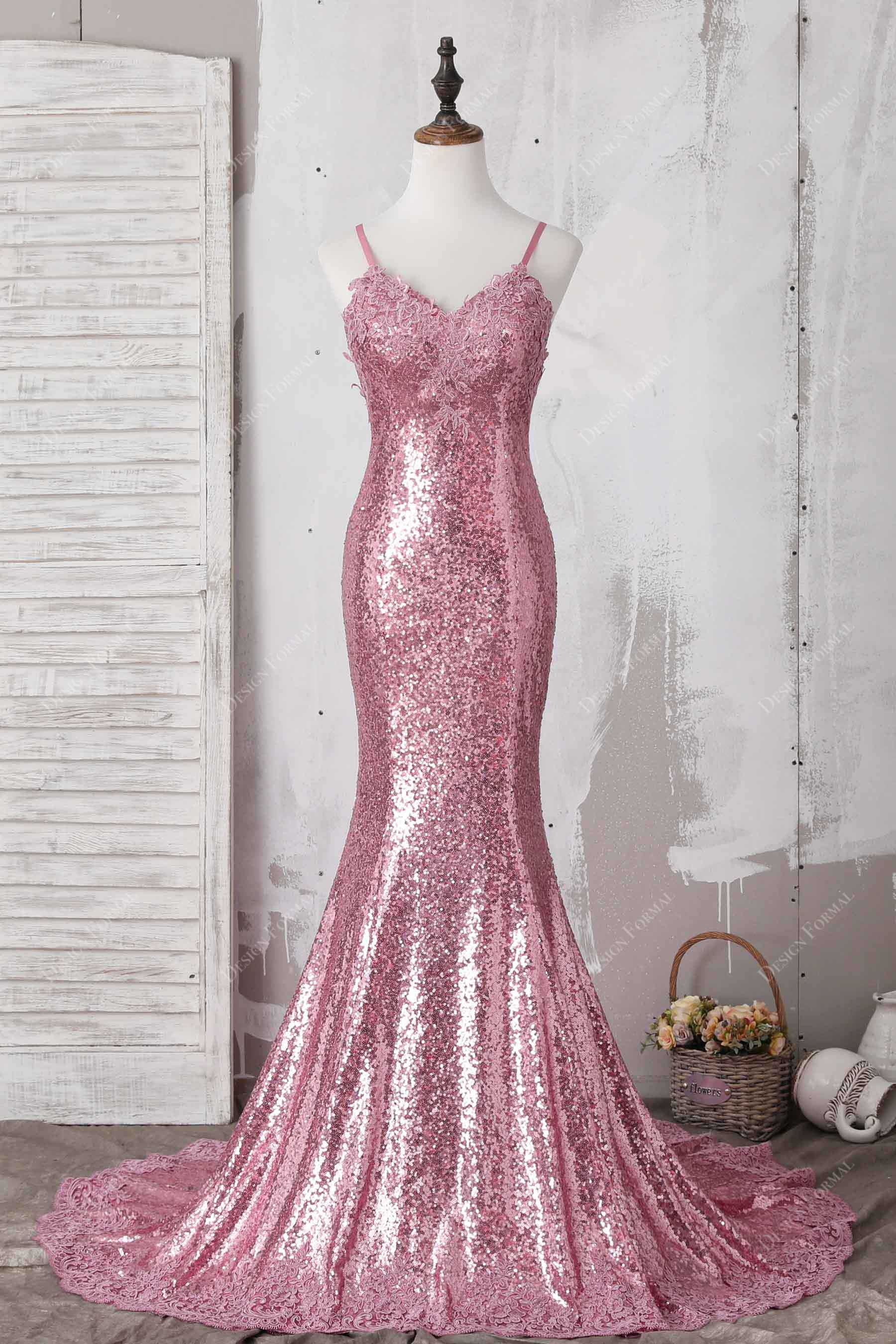 Pink Lace Sparkly Sequin Mermaid Prom Dress