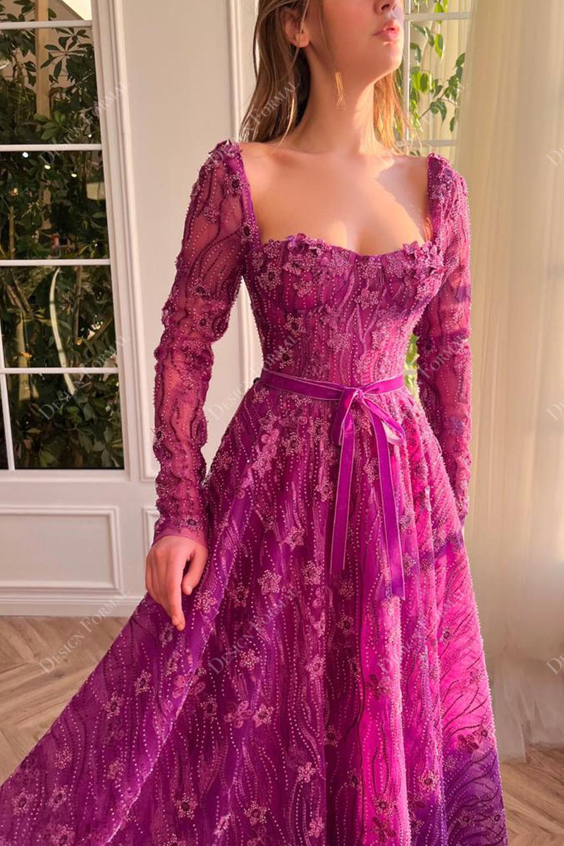 Square Neckline Long Lace Dress With Slit Marigold
