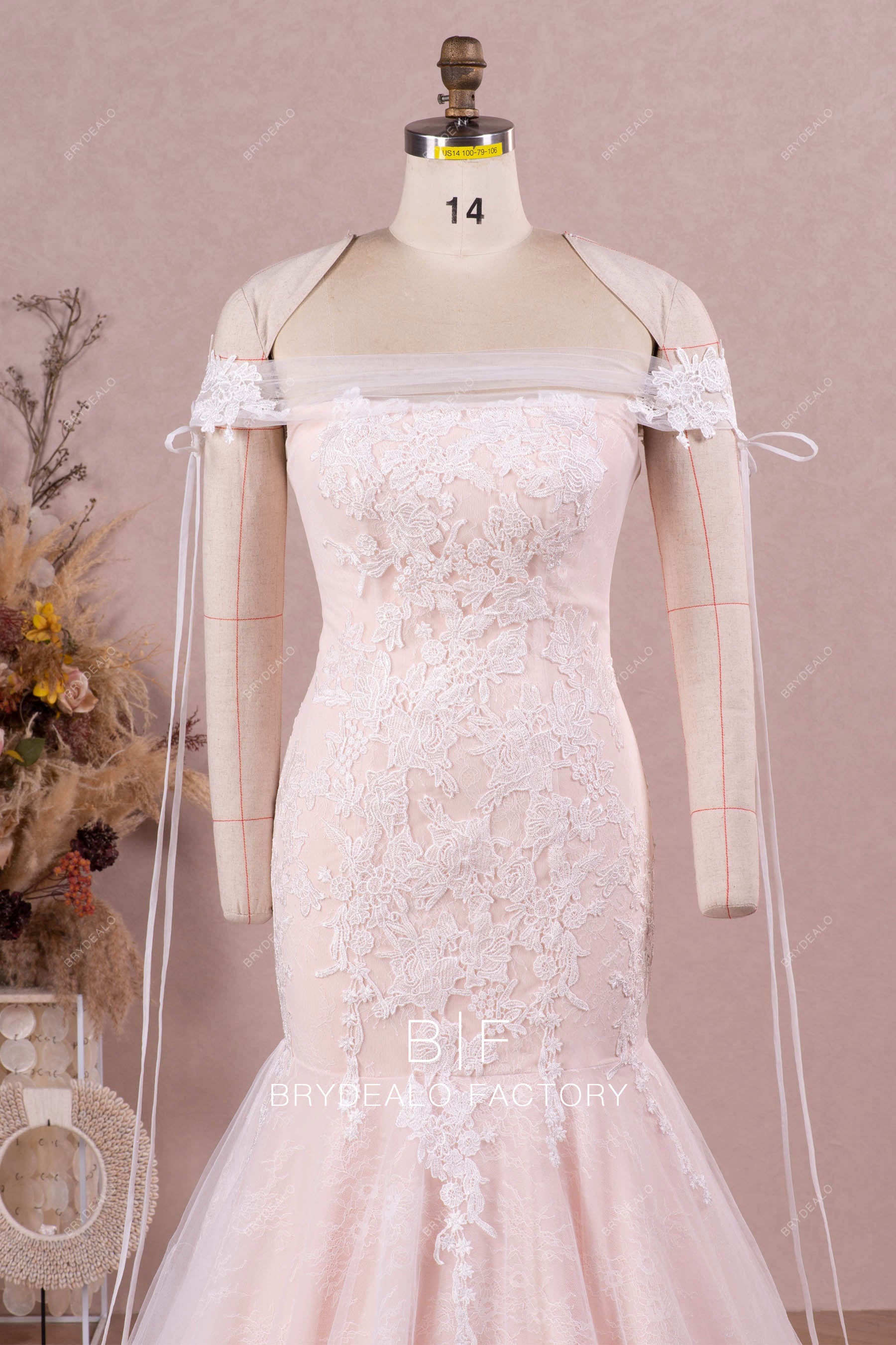 straight across neck colored lace wedding dress