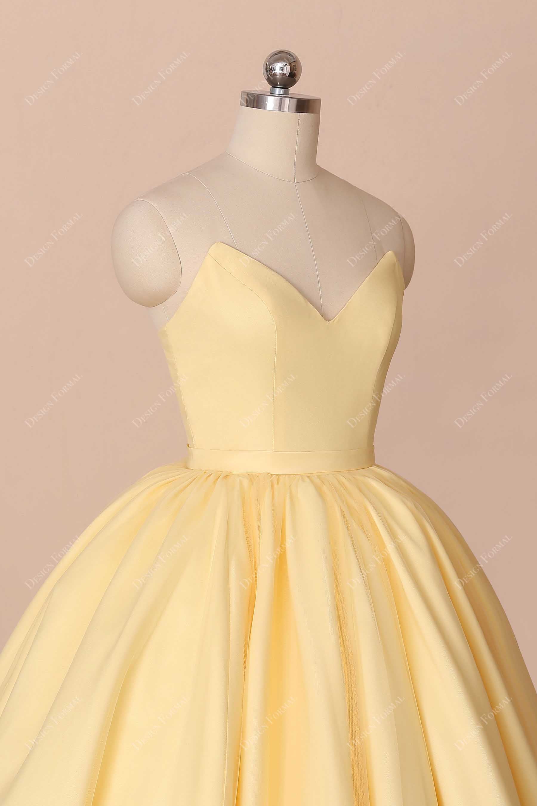 strapless V neck yellow prom dress