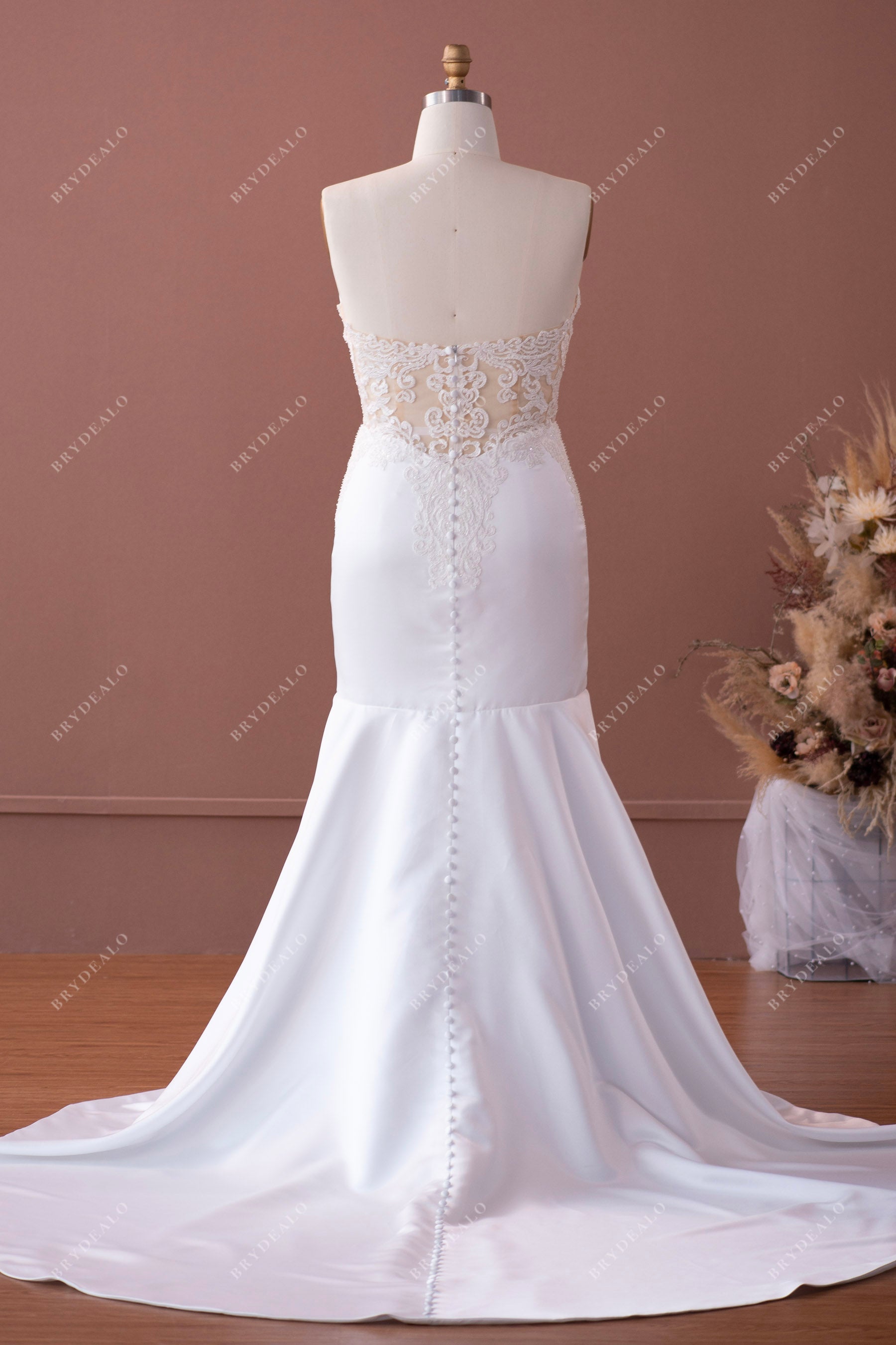 chapel train satin mermaid strapless wedding dress