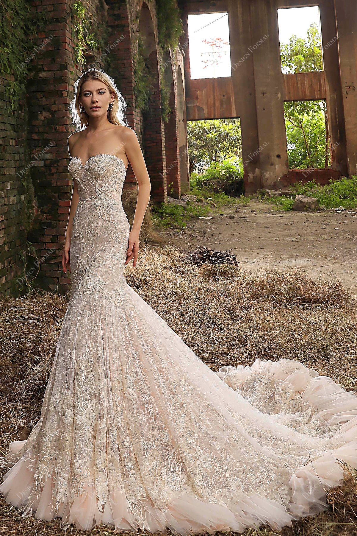 Designer Shimmery Lace Strapless Corset Dusty Rose Mermaid Wedding Dress
