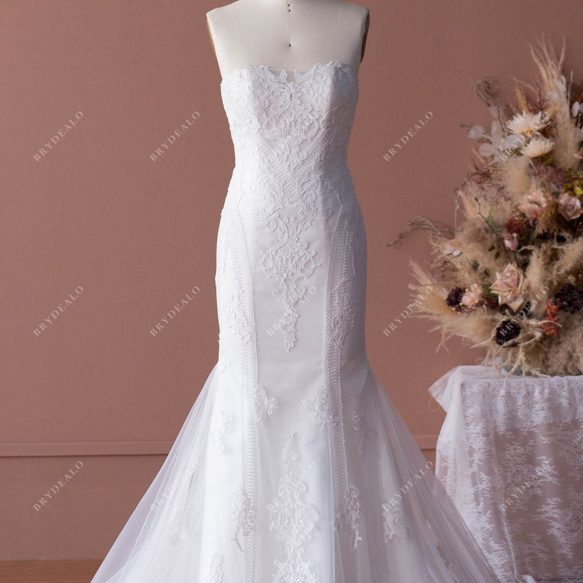 strapless mermaid wedding dresses with long train Sexy Luxury Strapless Sweetheart Mermaid Lace Long Train Wedding Dress   AlineBridal