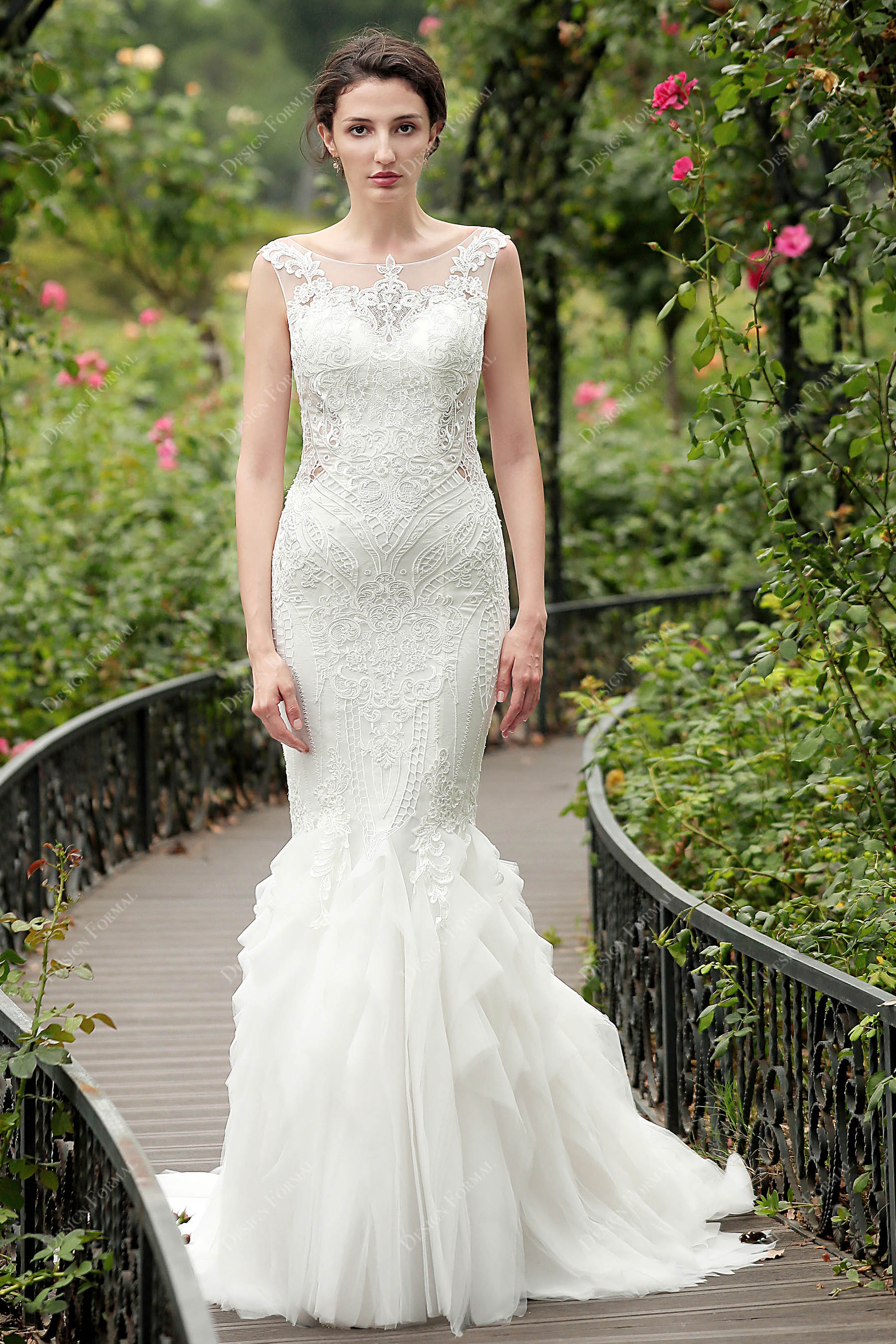 Strapless Lace Tulle Ruffled Mermaid Bridal Gown