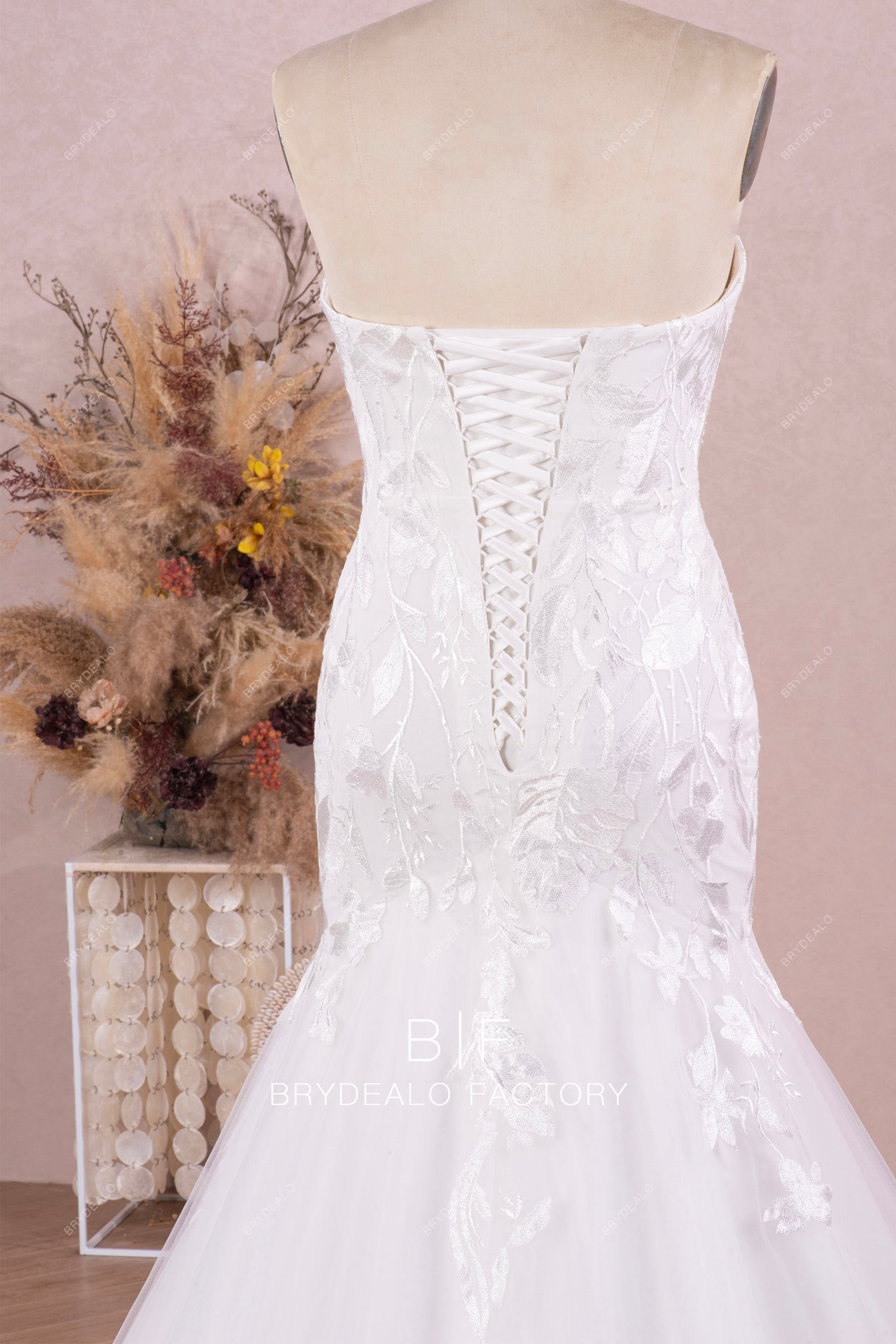 strapless lace up long wedding dress