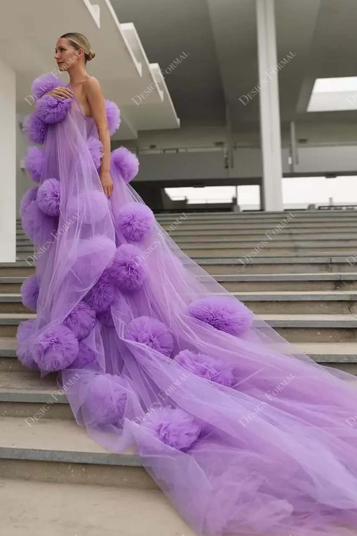 Long Train Hand-made Tulle Flowers Lilac Prom Dress
