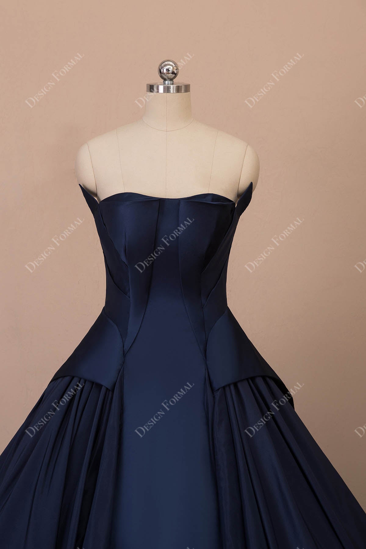 designer strapless navy blue satin prom dress