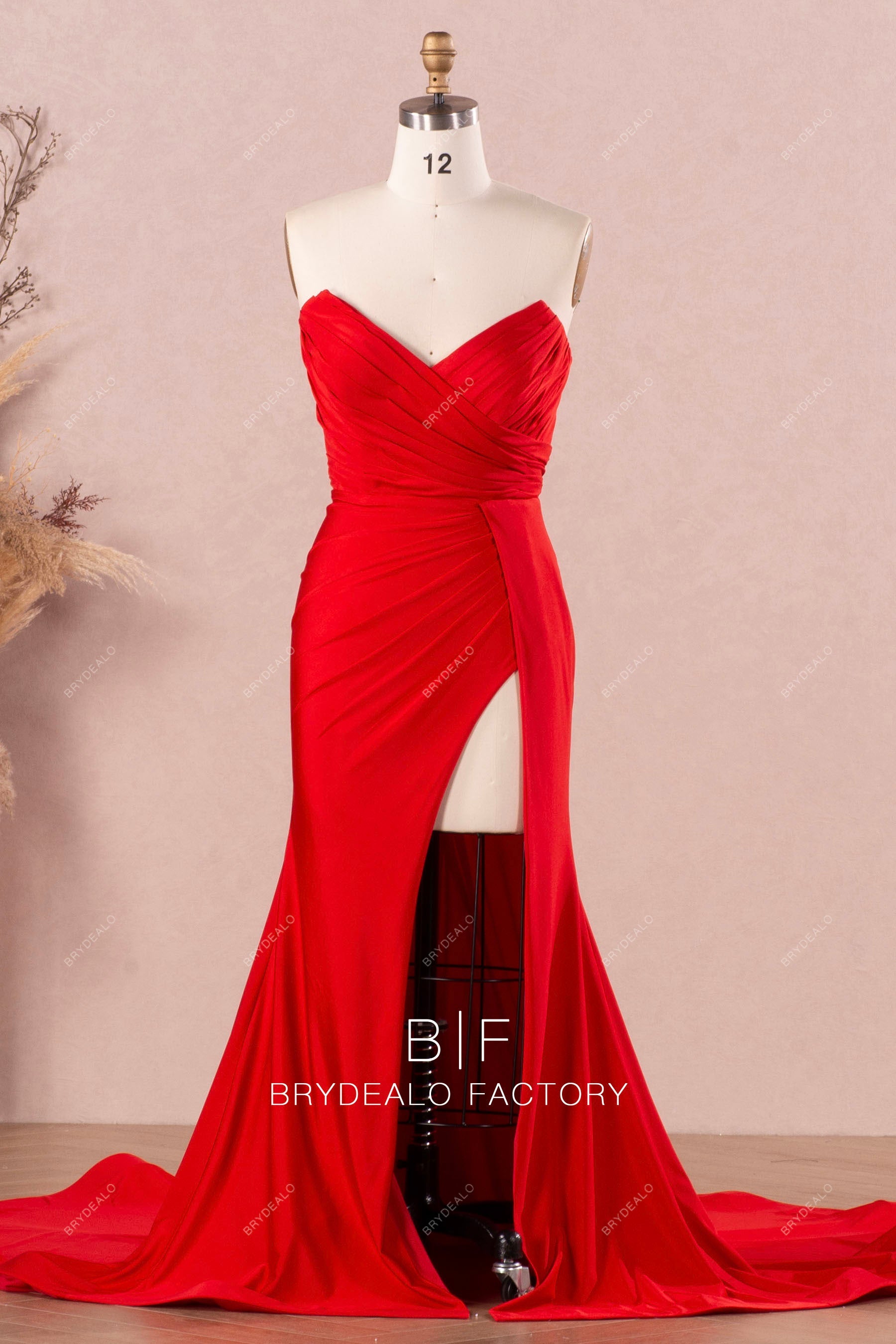 red jersey strapless pleated high slit bridesmaid dress