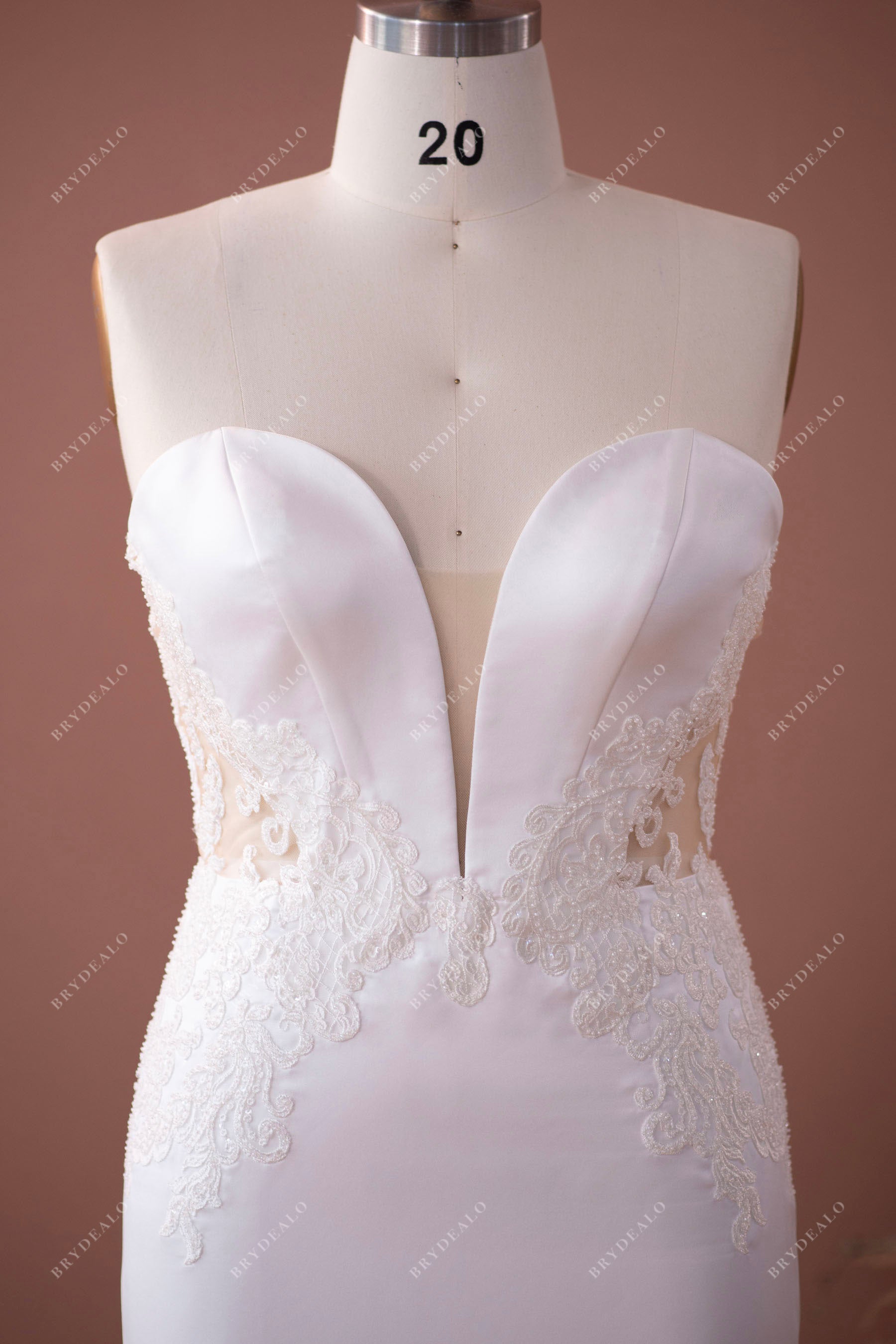strapless plunging neck beaded lace wedding gown