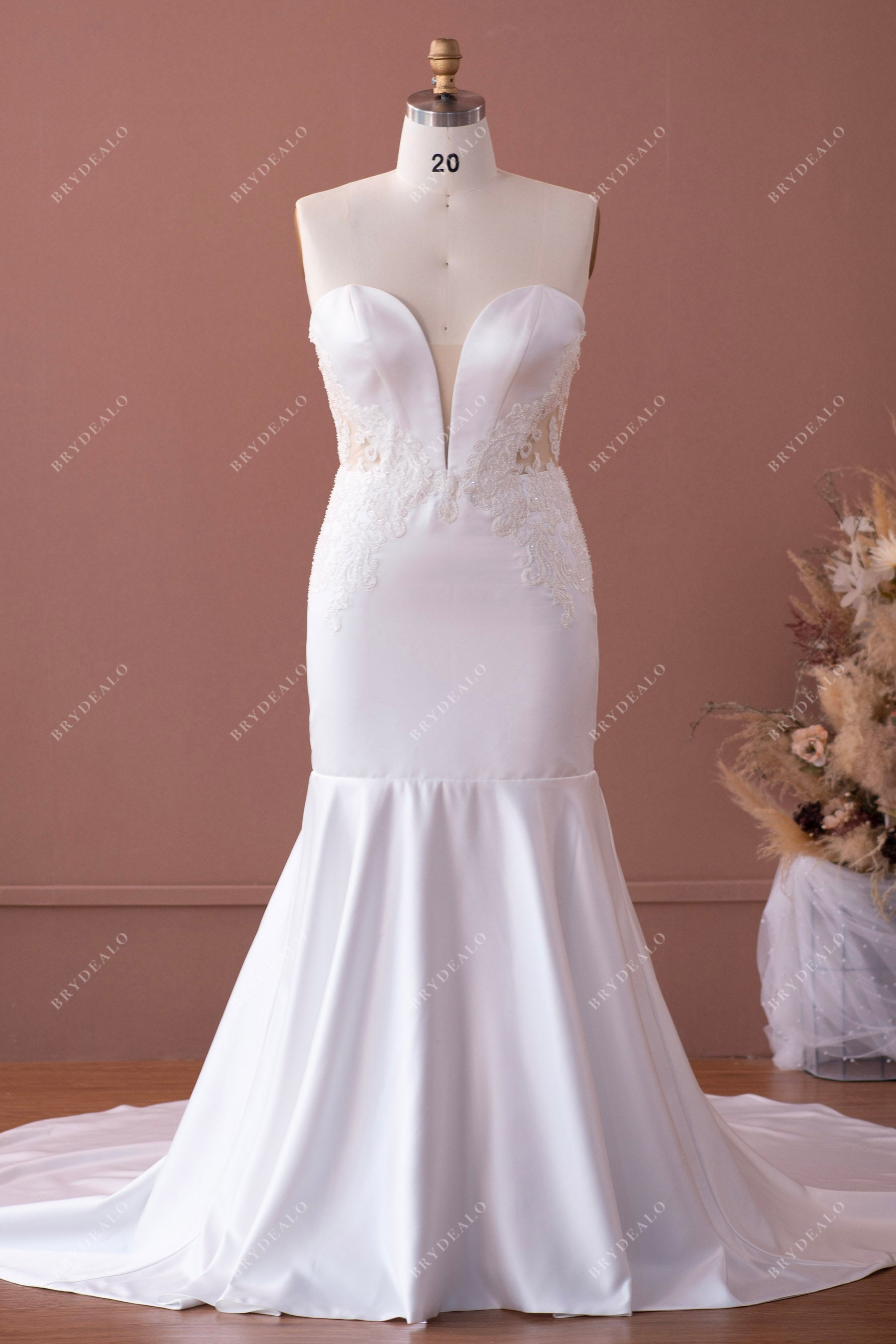 plus size strapless plunging satin lace wedding dress