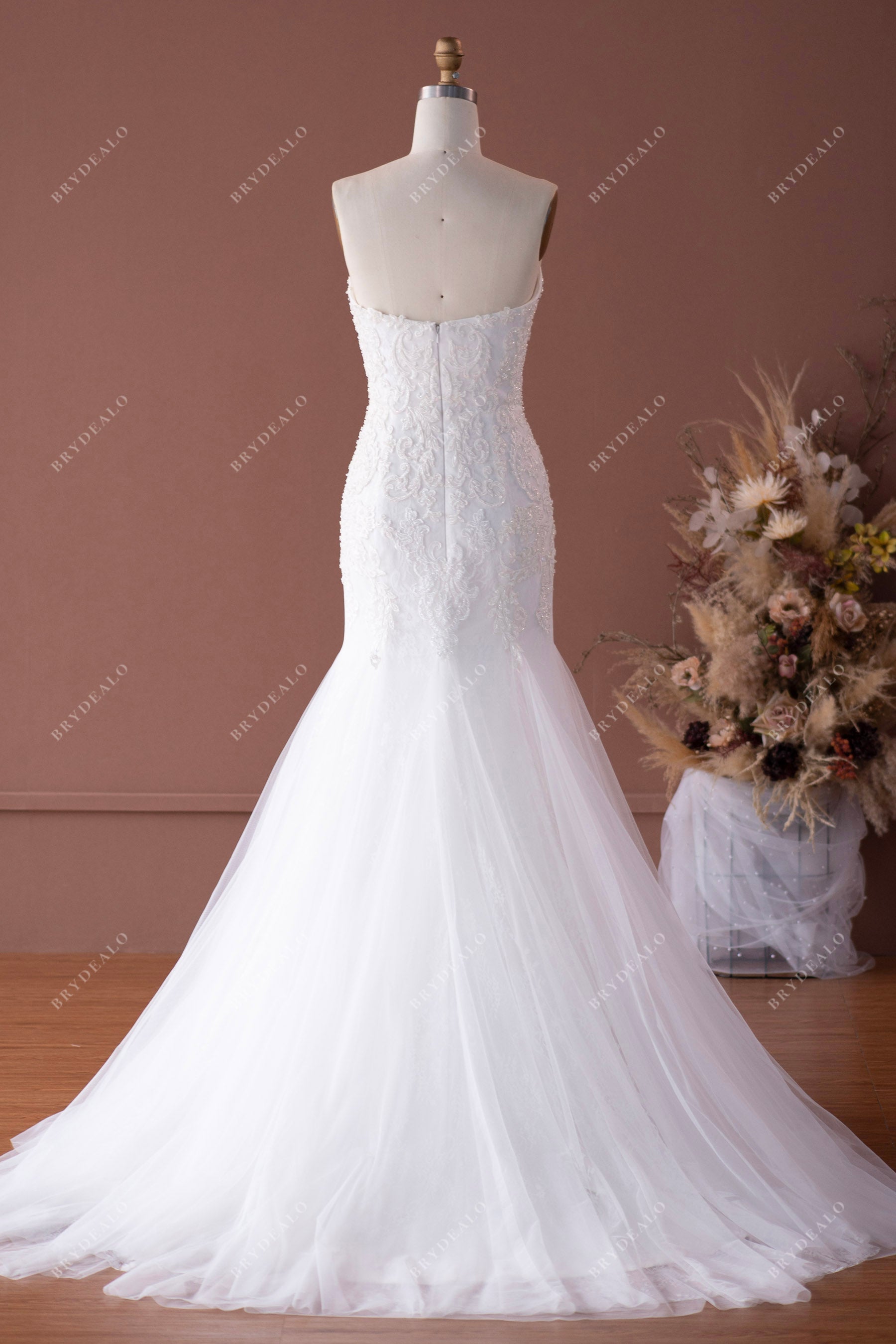 court train tulle strapless wedding gown