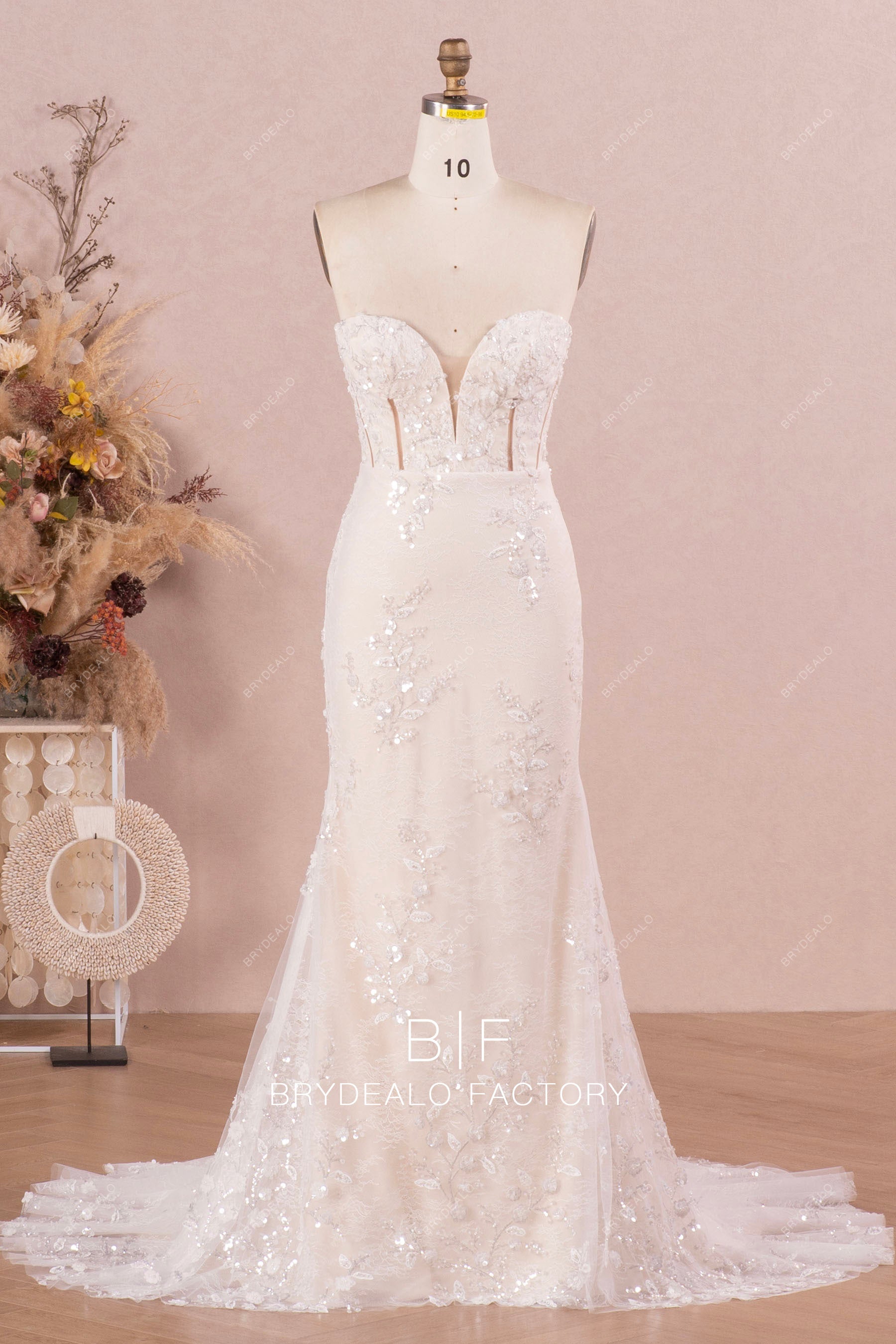 Designer Lace Strapless Champagne Mermaid Wedding Dress