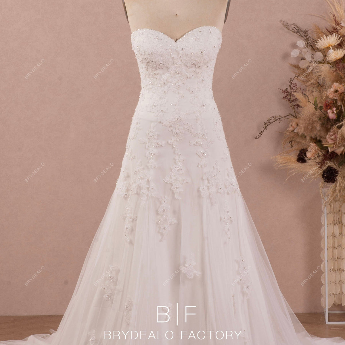 Strapless Sweetheart Beaded Lace Fit and Flare Garden Wedding Dress