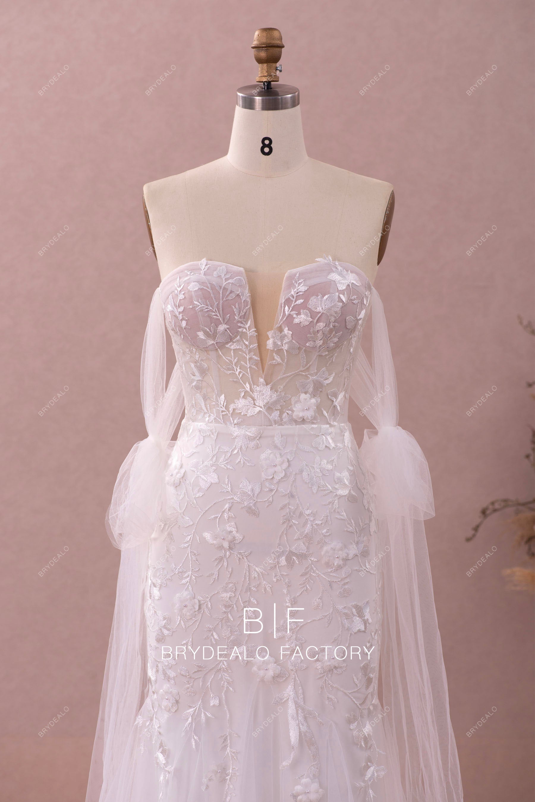 v-cut off shoulder designer wedding dress