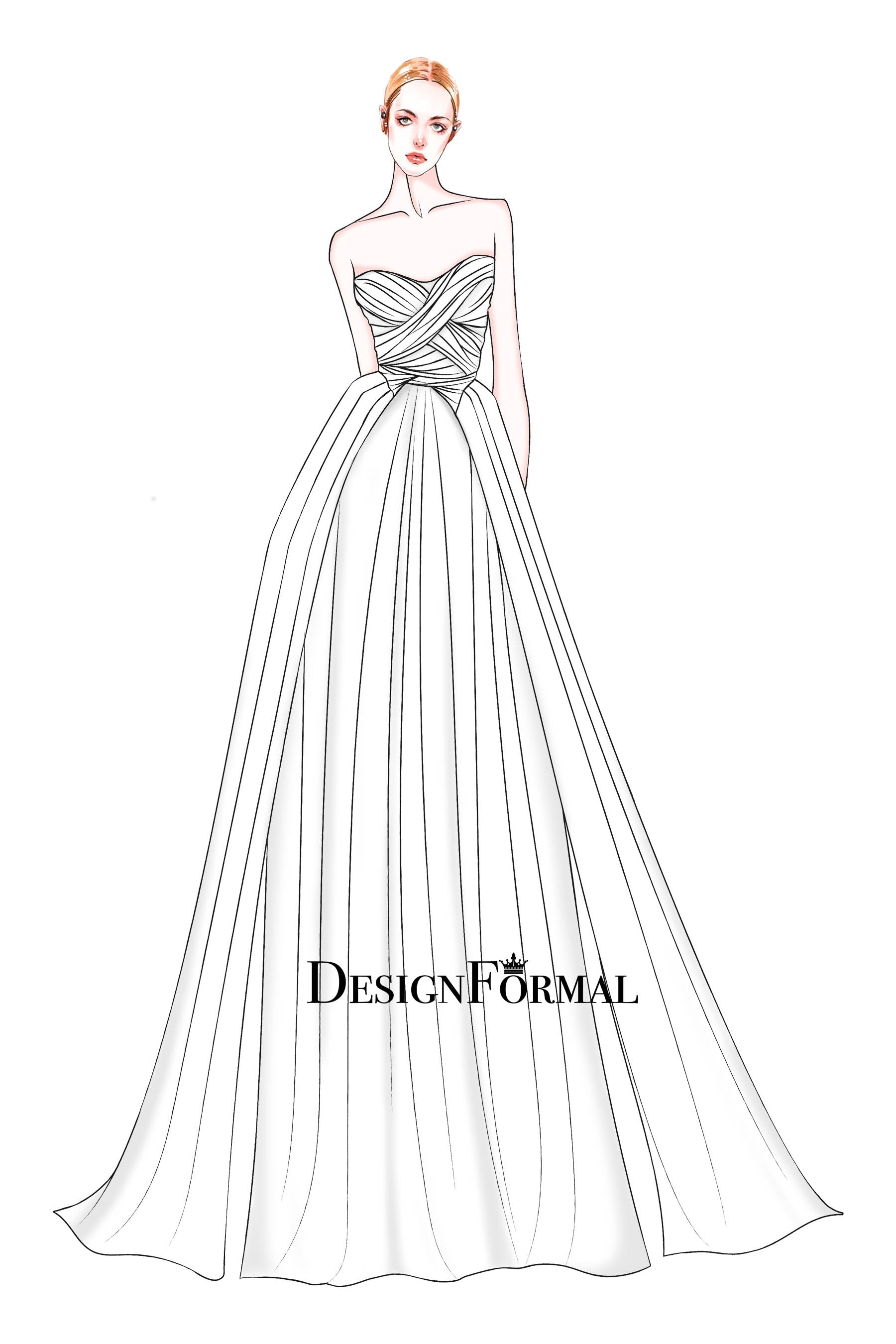 Strapless Pleated Bodice Custom A-line Wedding Sketch