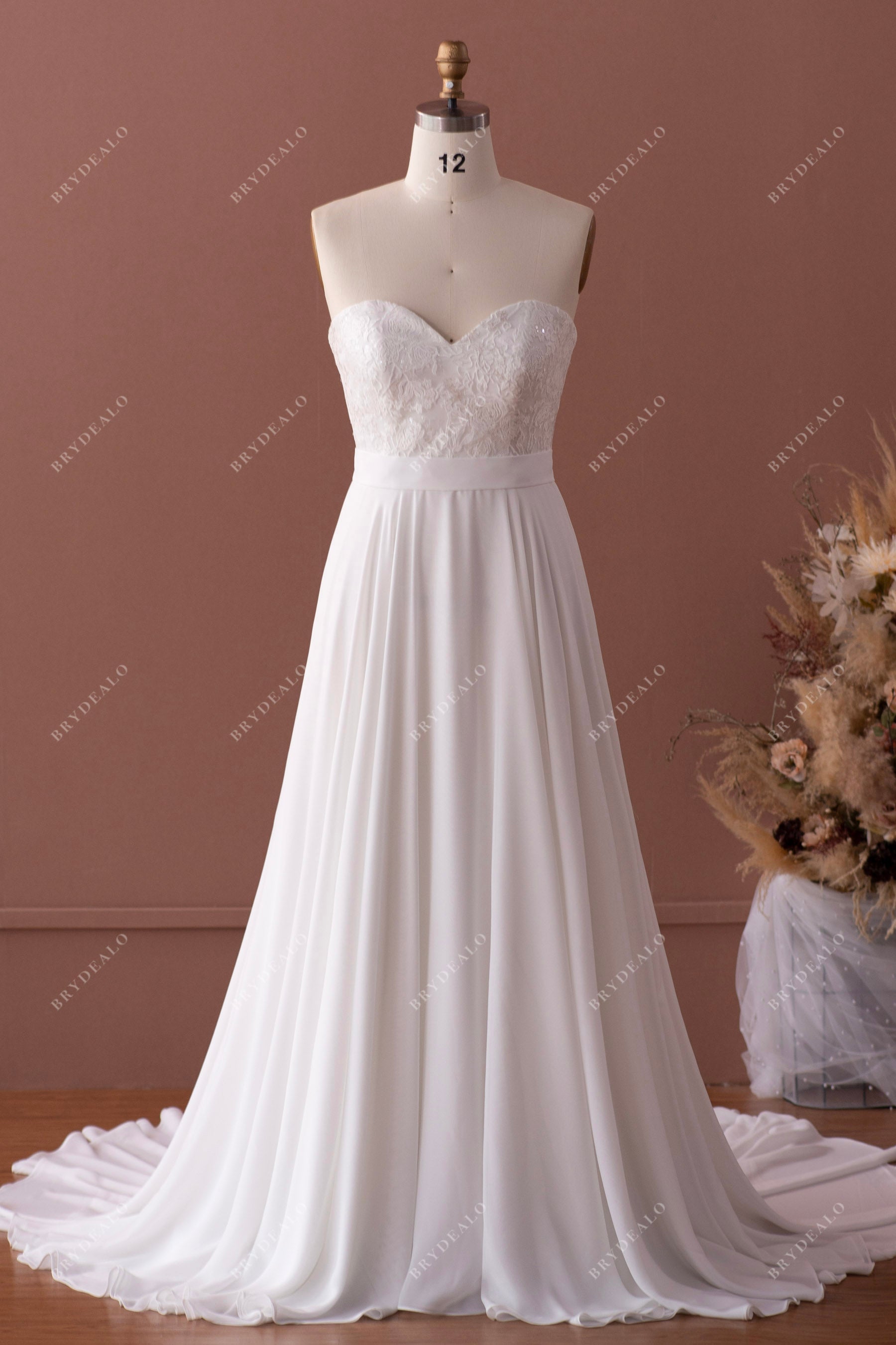 strapless sweetheart designer lace chiffon wedding dress