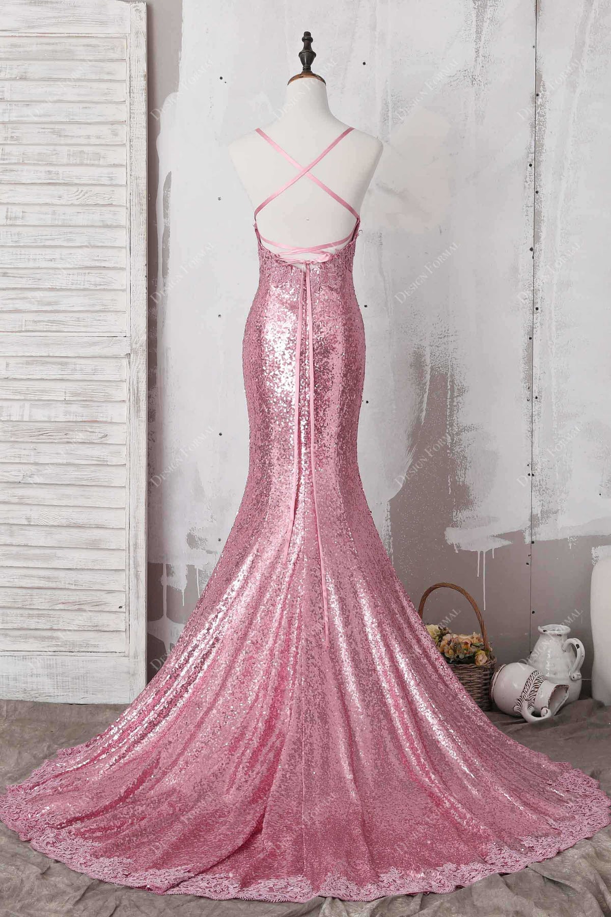 Pink Lace Sparkly Sequin Mermaid Elegant Prom Dress