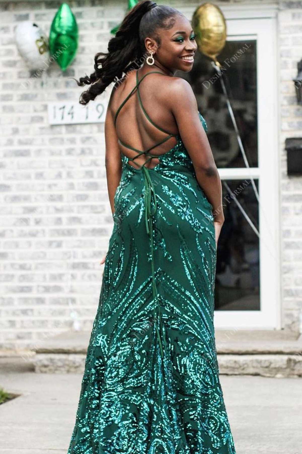 strappy open back fit and flare prom gown