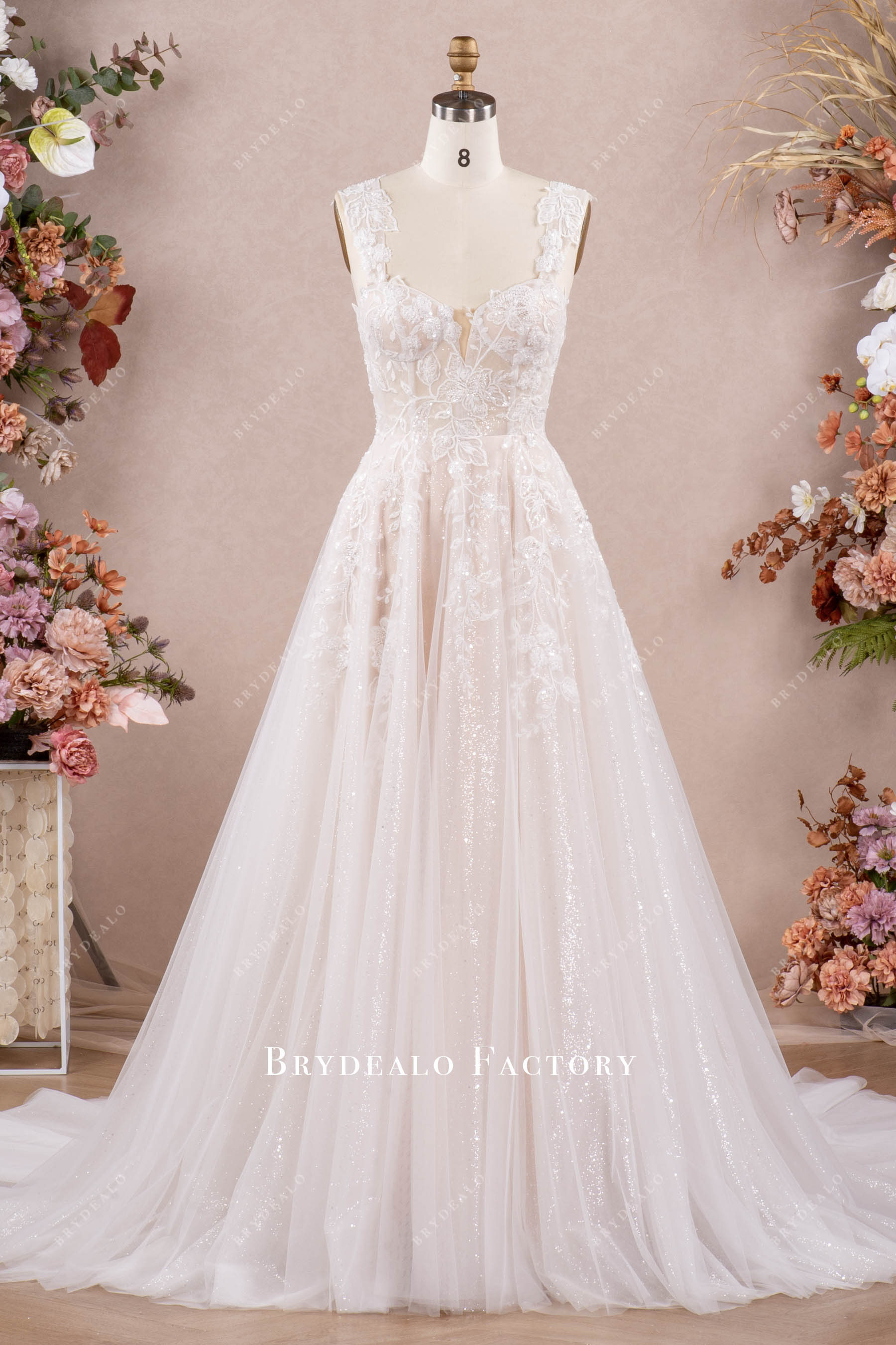 designer beaded lace A-line couture wedding dress