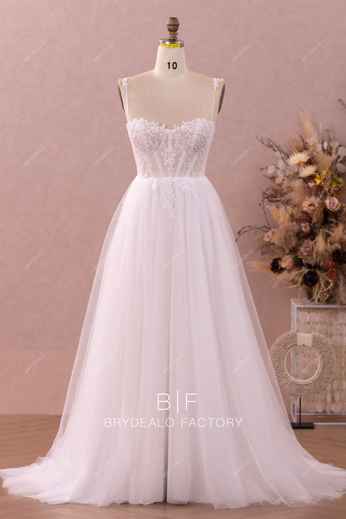 Elegant Lace Corset Bodice Sheer Sleeves A-line Tulle Wedding Dress main image 1