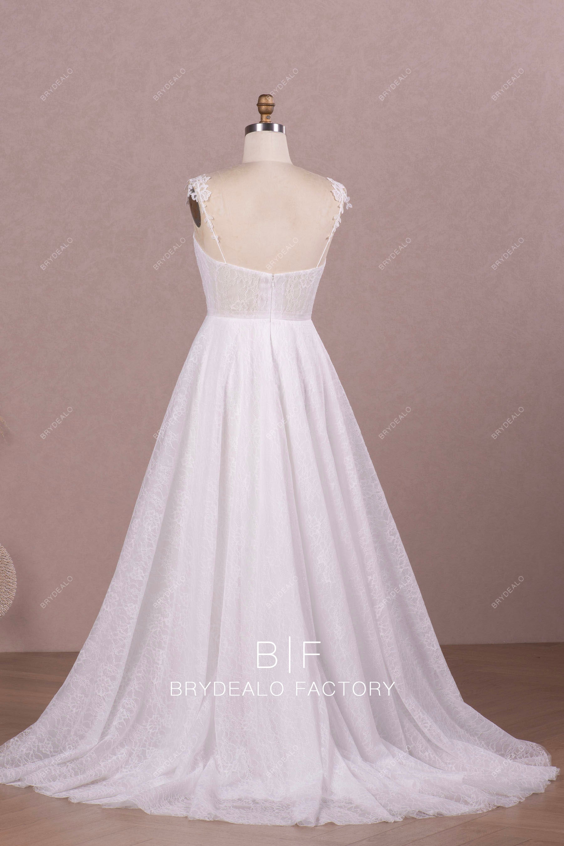 open back Chantilly lace modern long wedding dress