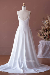 Pleated Crepe Simple Thin Straps A-line Long Train Wedding Dress