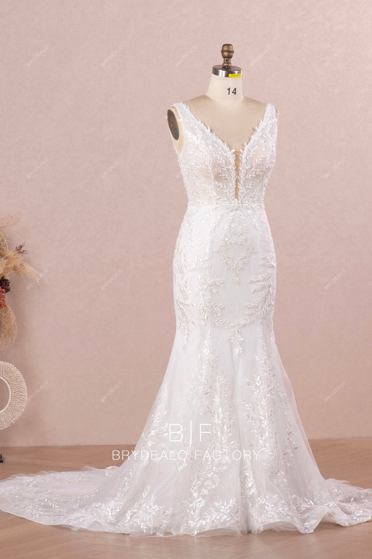Plunging Neck Beaded Lace Destination Sequined Bridal Dress