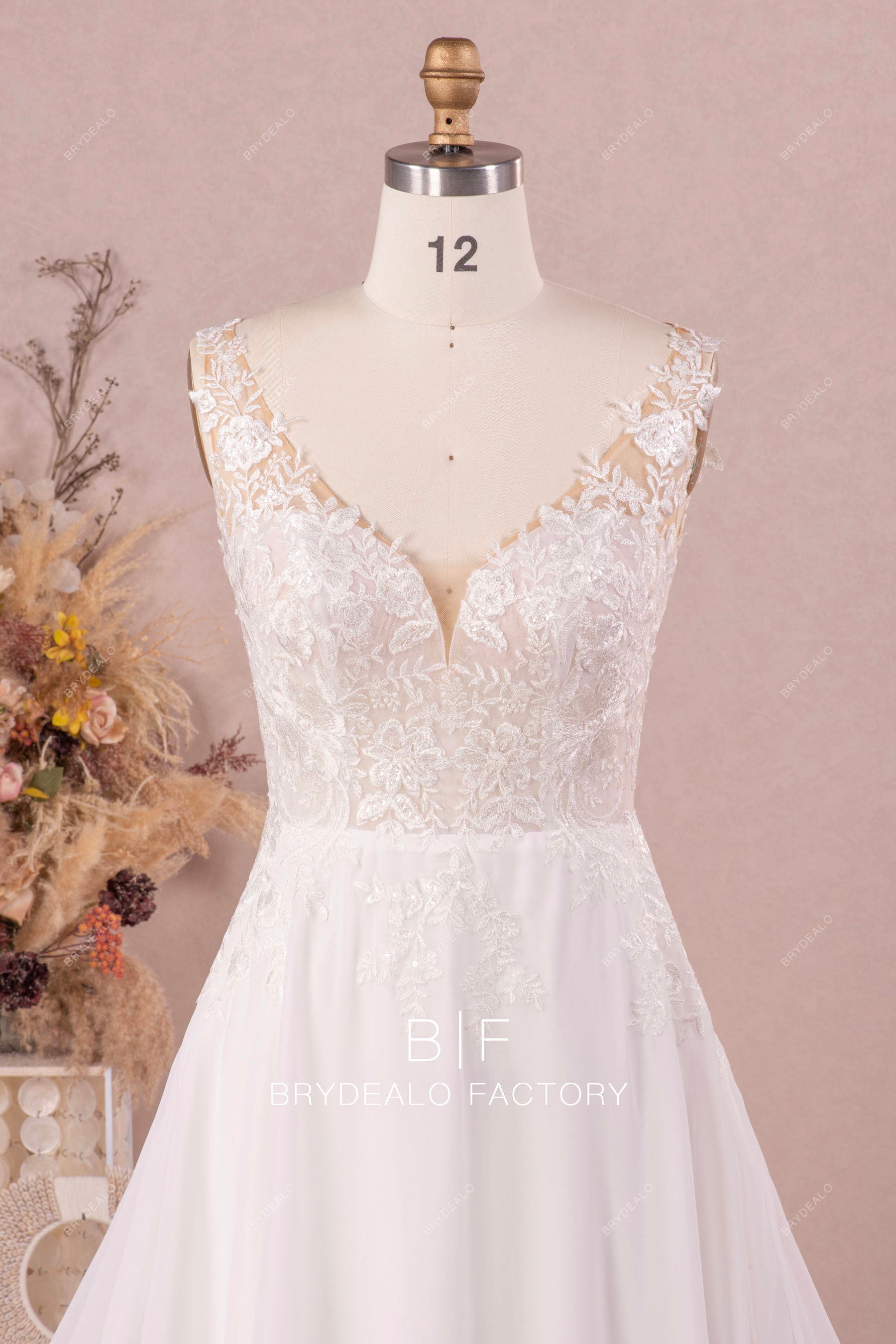 shoulder straps flower lace V-neck spring wedding dress
