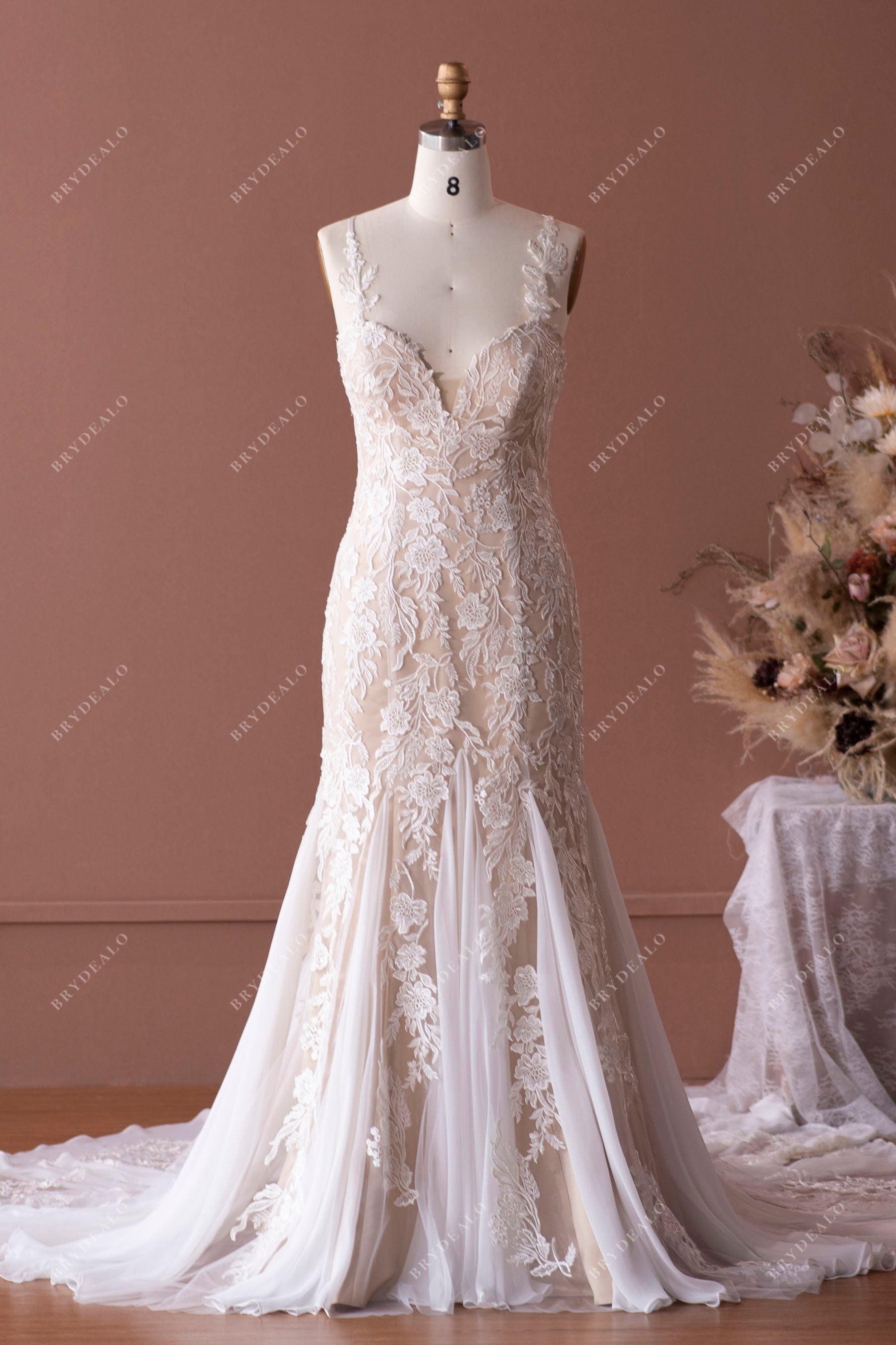 Designer Lace Straps Champagne Destination Mermaid Wedding Dress