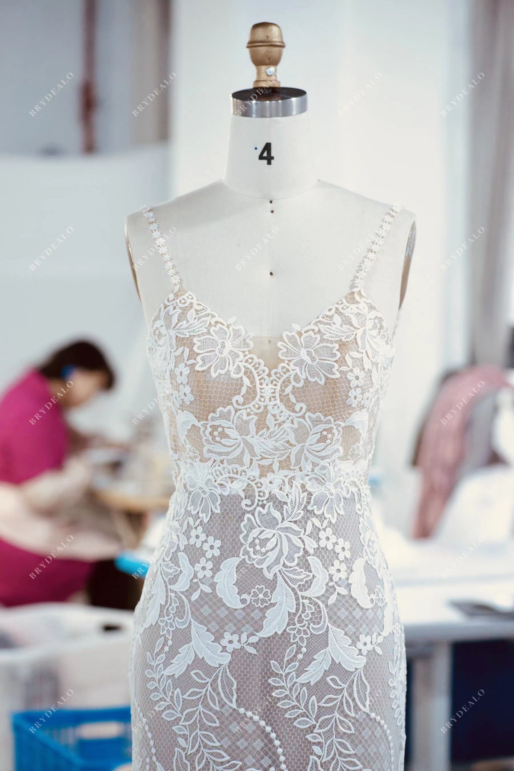 custom spaghetti straps lace wedding dress