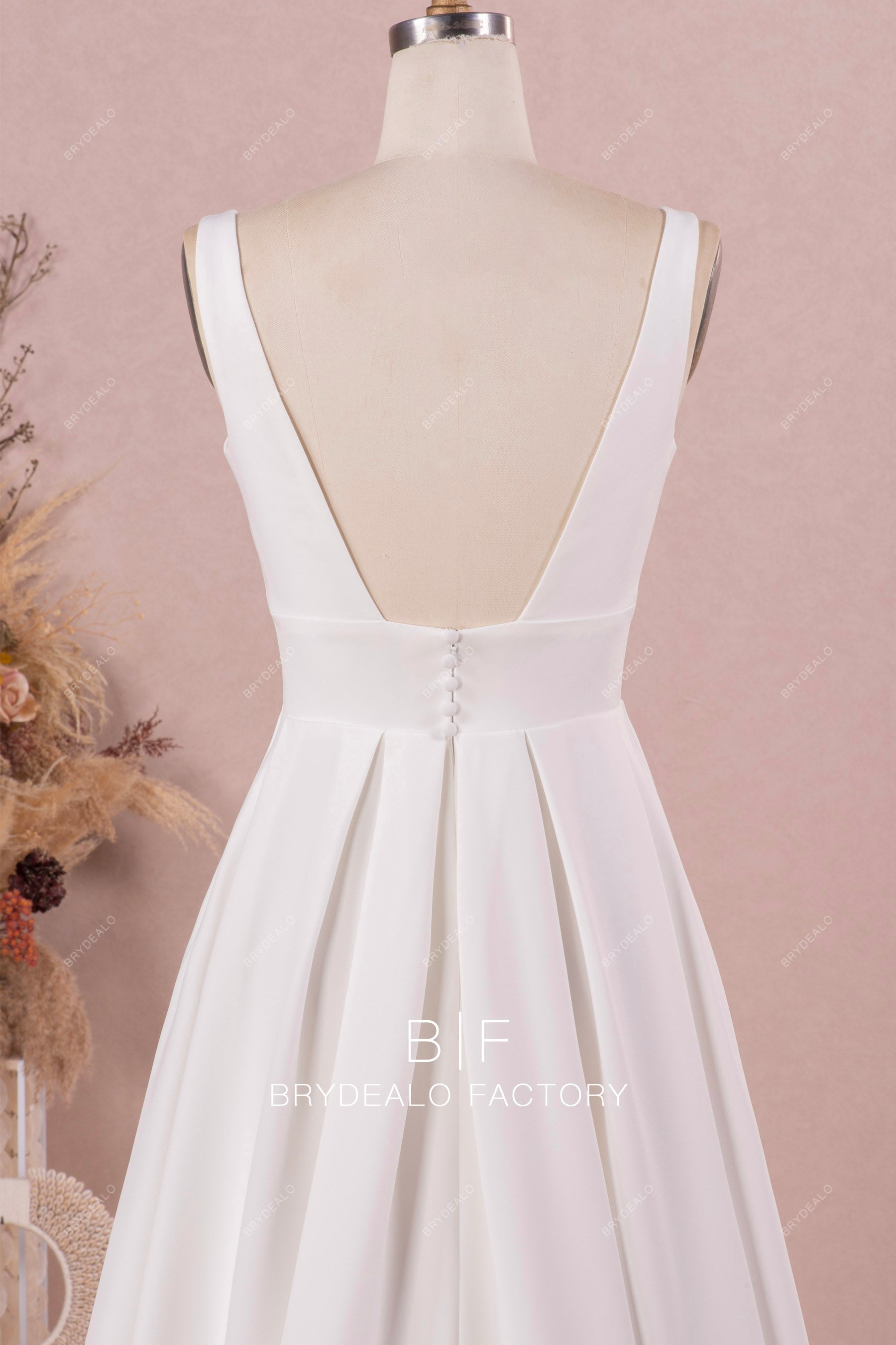 sleeveless open back simple crepe bridal dress