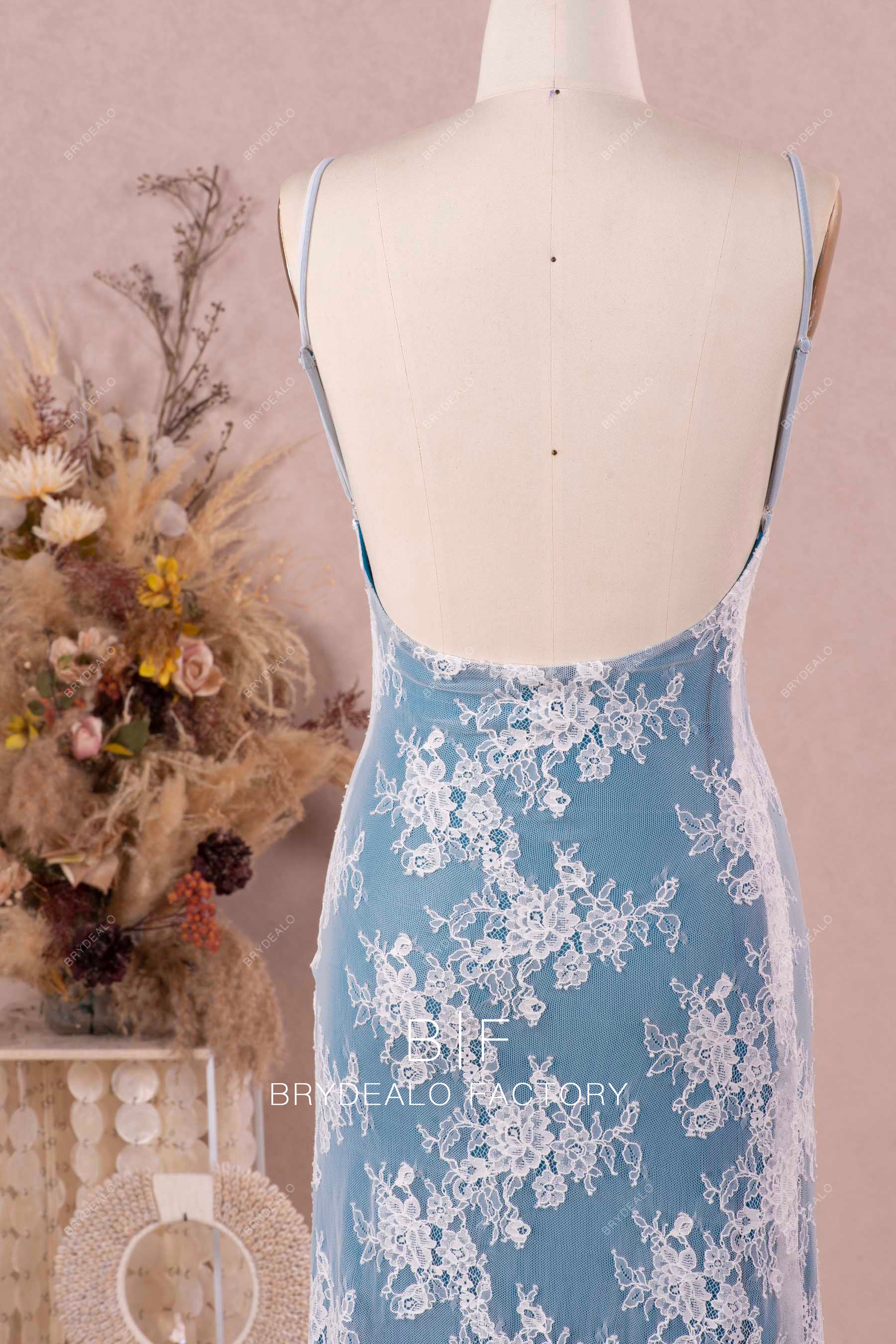 simple thin straps open back flower lace bridal dress