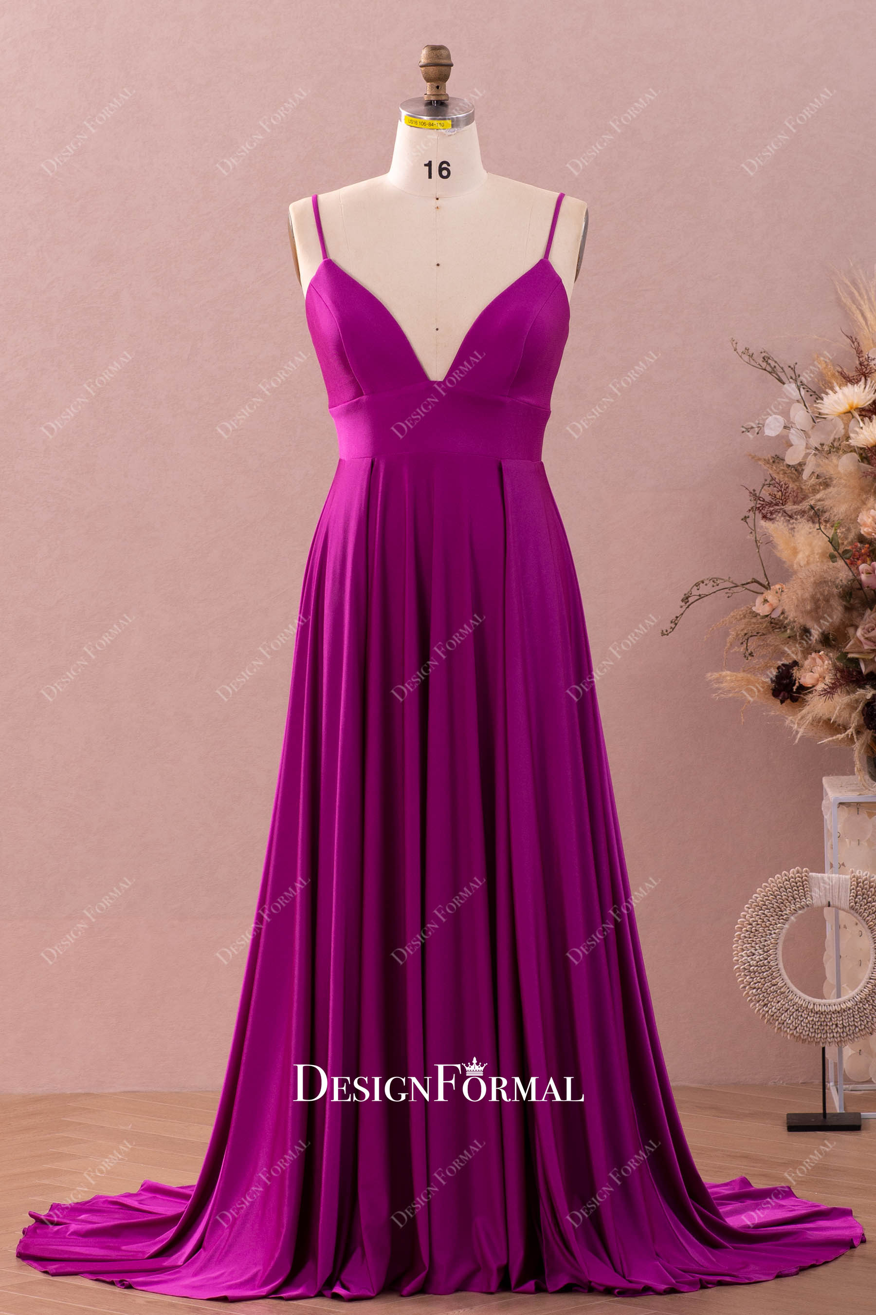 plus size thin straps plunging Aline jersey prom dress