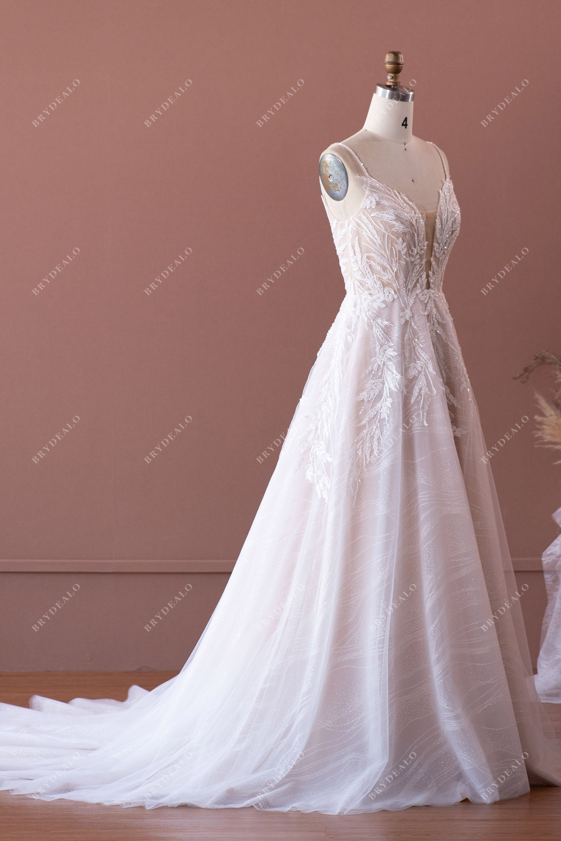 Designer Sleeveless Beaded Strap Lace Wedding Dress