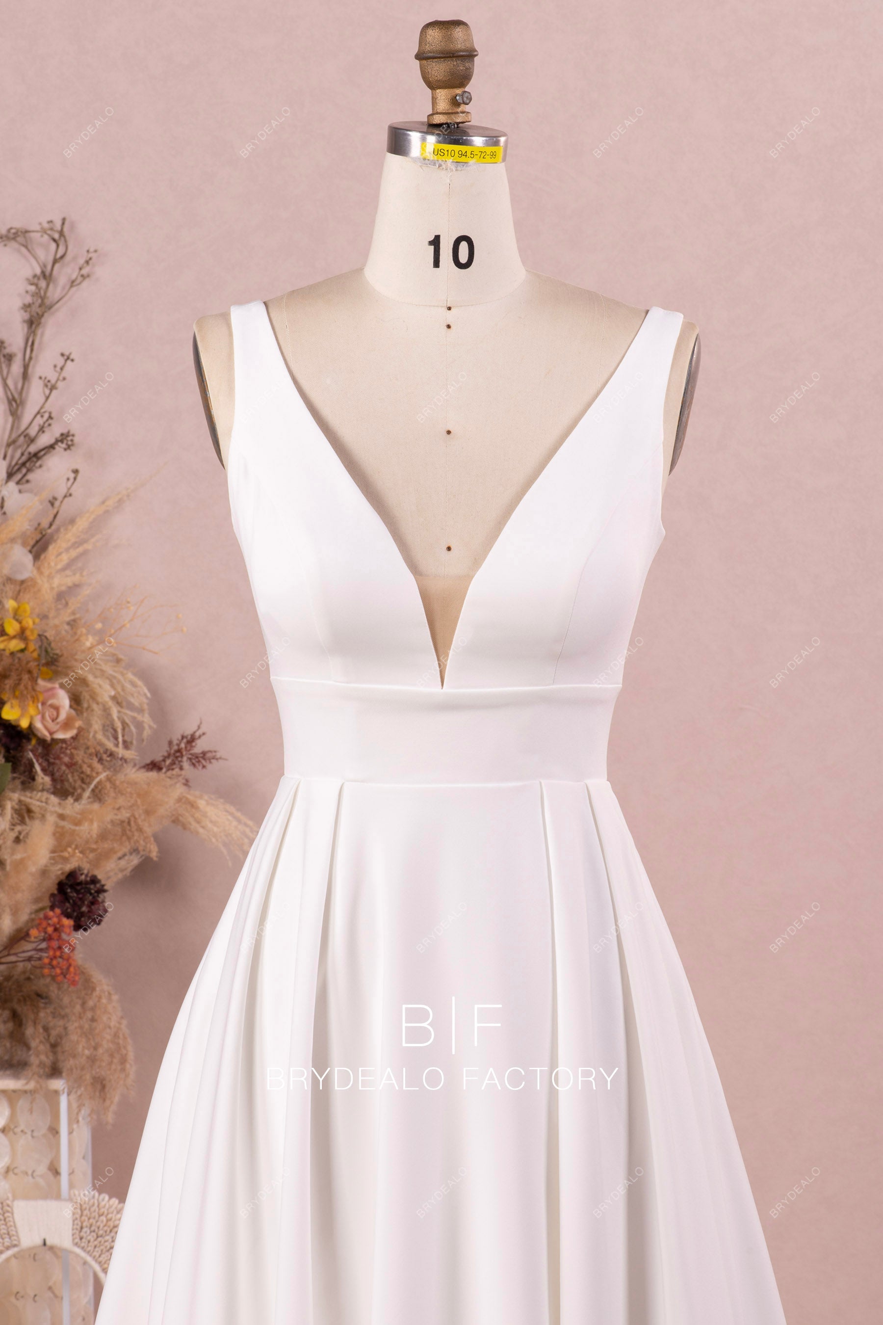 elegant shoulder straps plunging crepe wedding dress