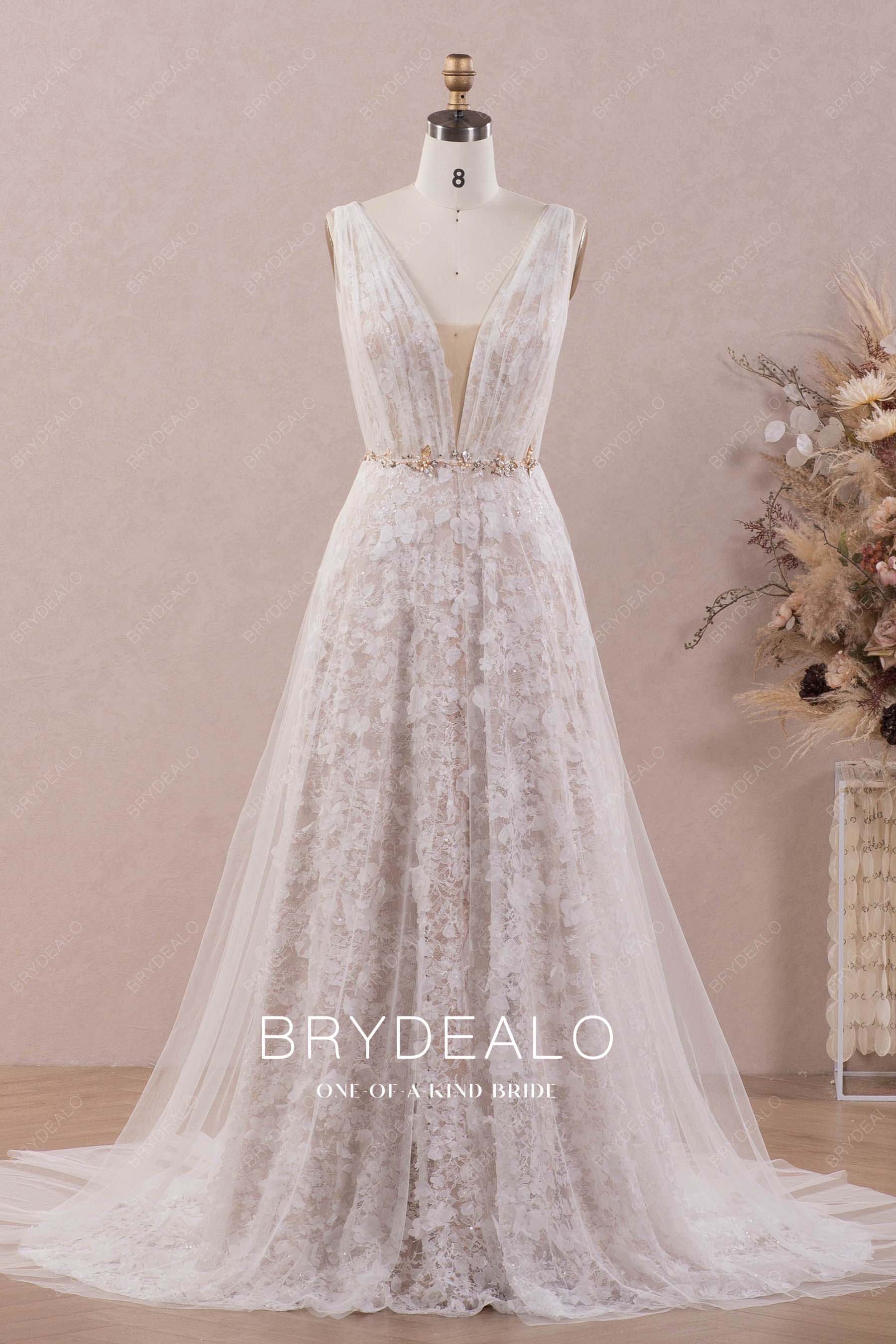 Deep V-neck Designer Flower Lace A-line Wedding Dress